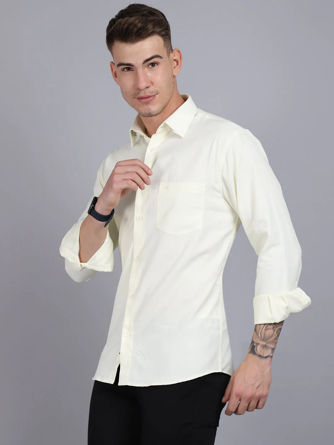 Men's Light Yellow Formal Plain Full Sleeve Shirt