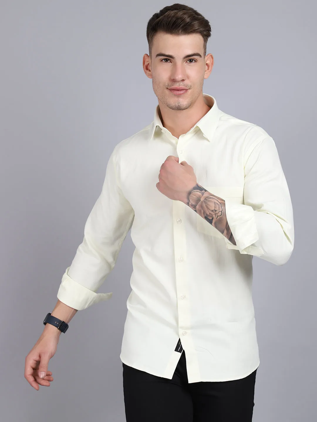 Men's Light Yellow Formal Plain Full Sleeve Shirt