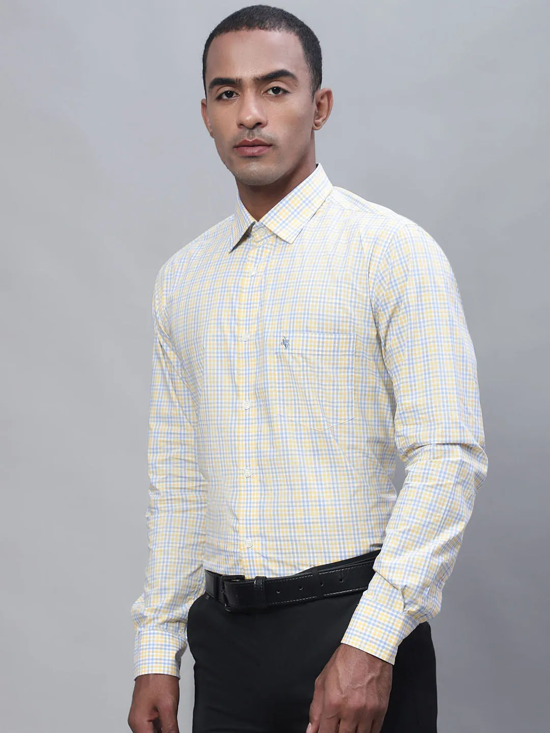 Men's Light Yellow Formal Small Checks Full Sleeve Shirt