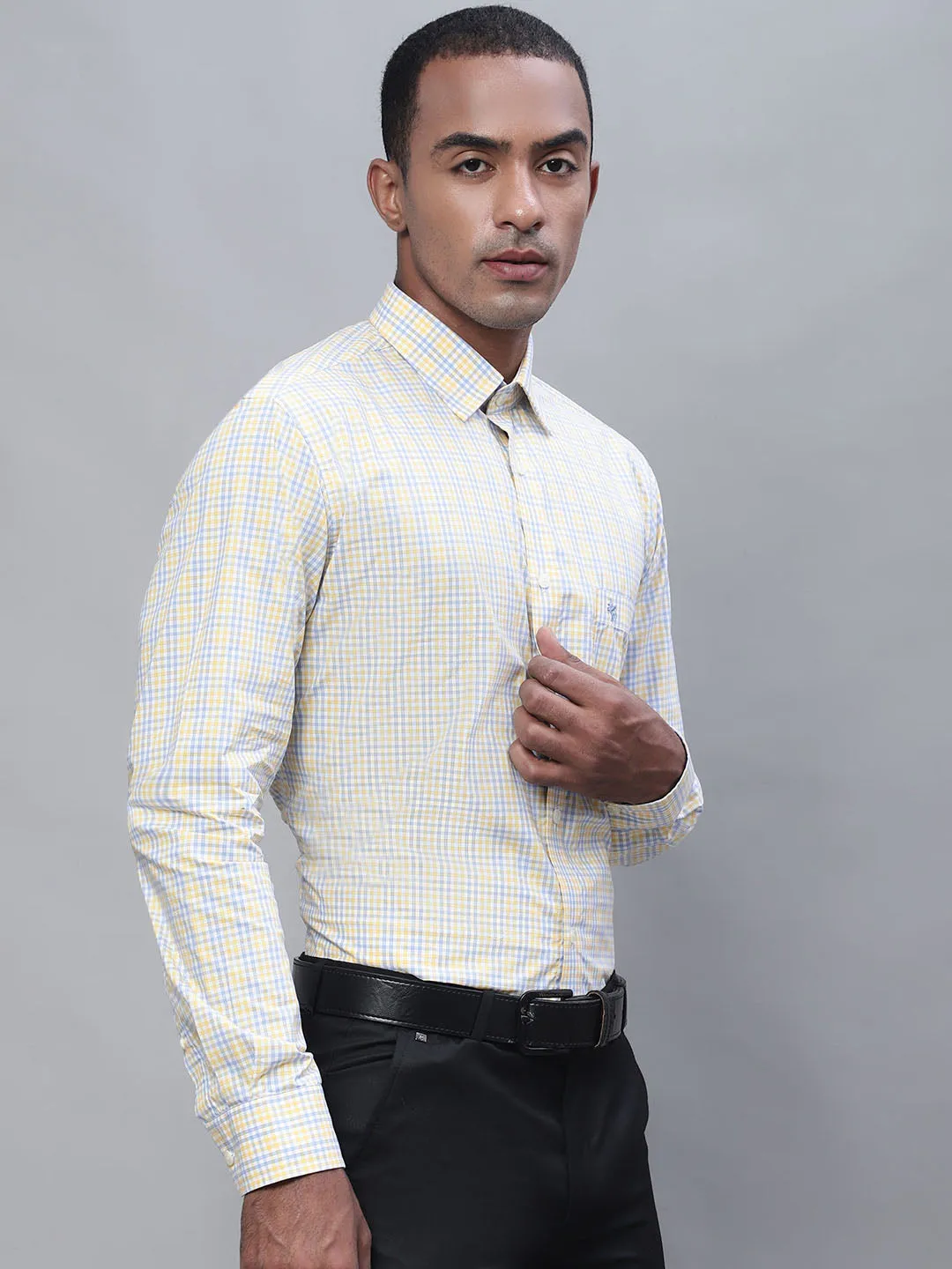 Men's Light Yellow Formal Small Checks Full Sleeve Shirt