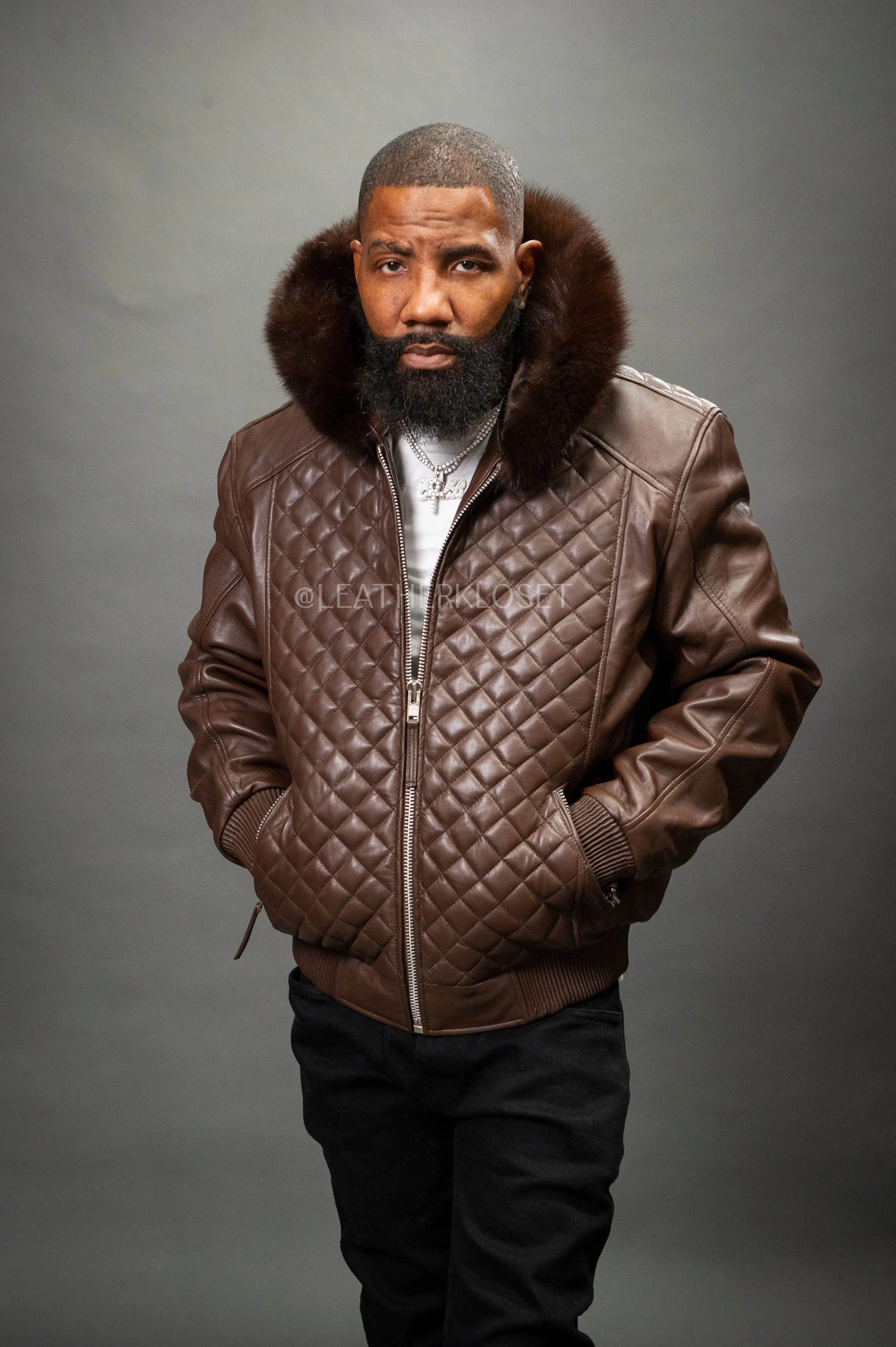 Men's Lucas Quilted Leather Bomber Jacket With Fox Hood [Chocolate Fox]