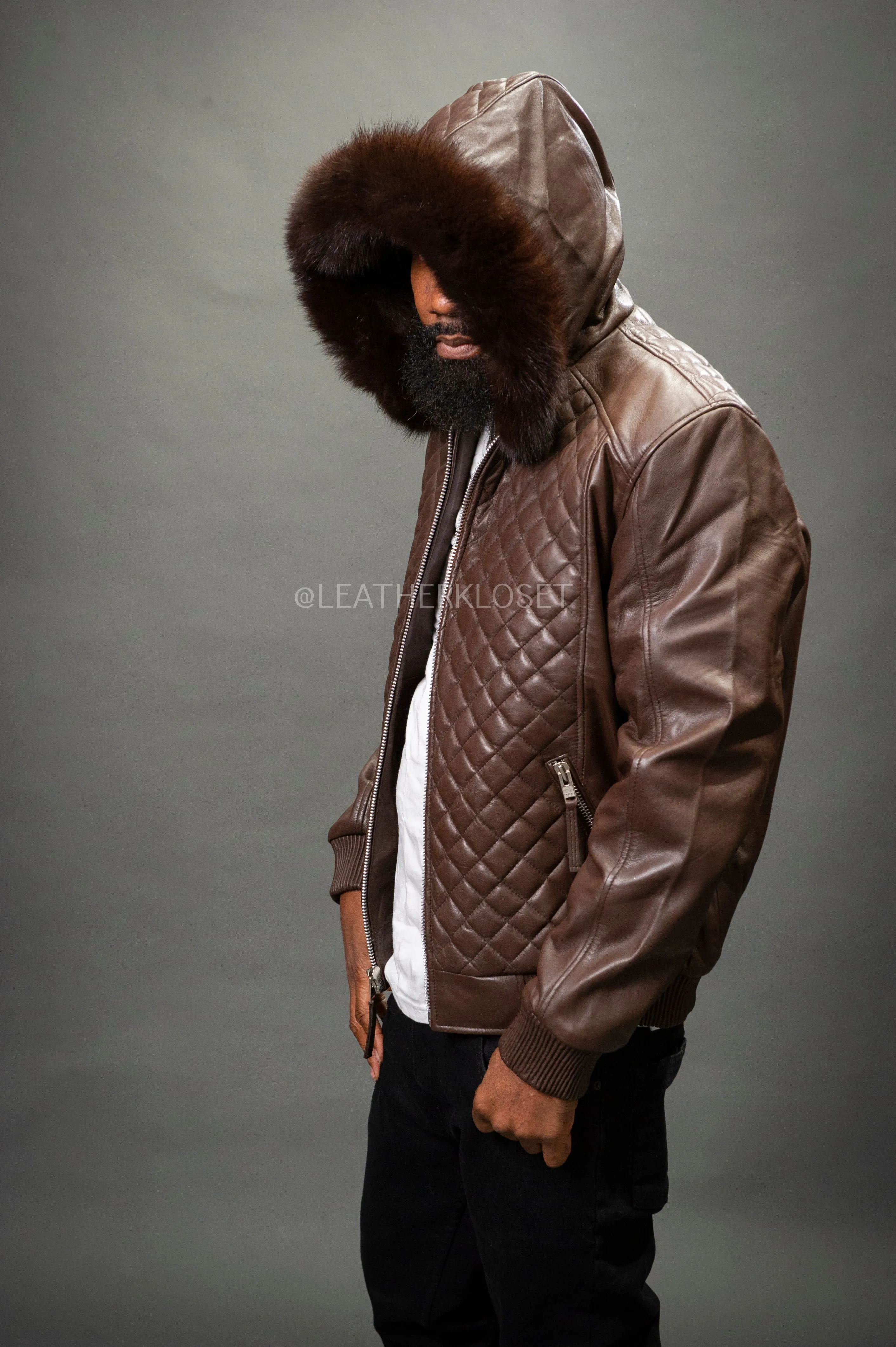 Men's Lucas Quilted Leather Bomber Jacket With Fox Hood [Chocolate Fox]