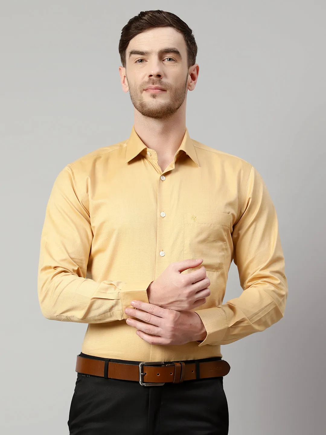 Men's Mustard Formal Fil a Fil Plain Full Sleeve Shirt