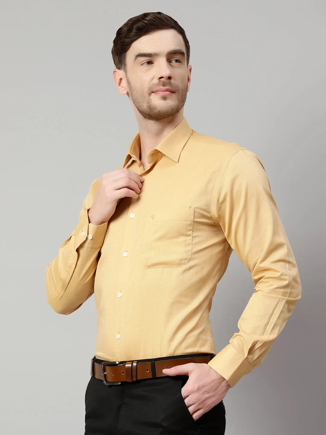 Men's Mustard Formal Fil a Fil Plain Full Sleeve Shirt