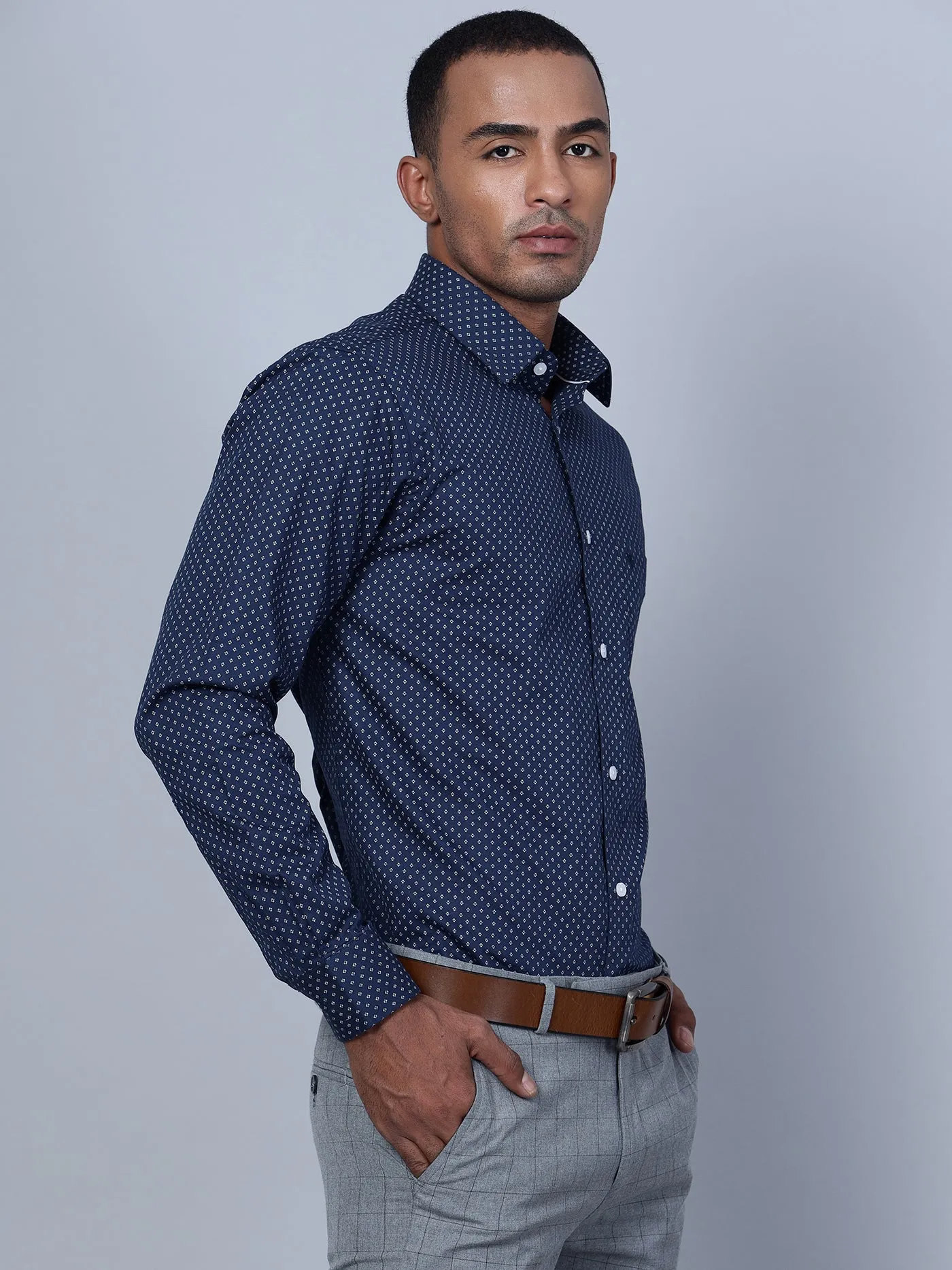 Men's Navy Blue Formal Geometric Ditsy print Full Sleeve Shirt