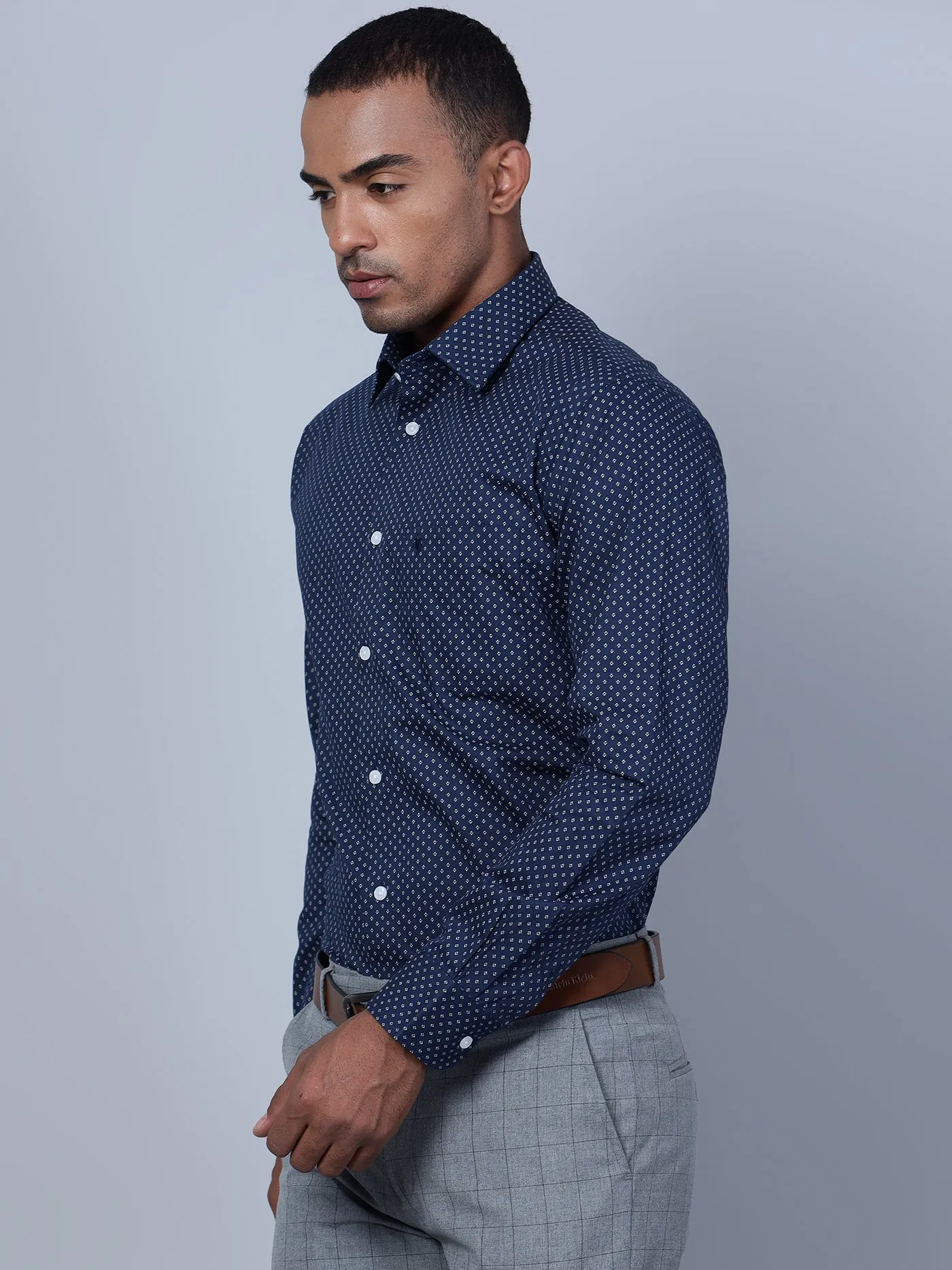 Men's Navy Blue Formal Geometric Ditsy print Full Sleeve Shirt