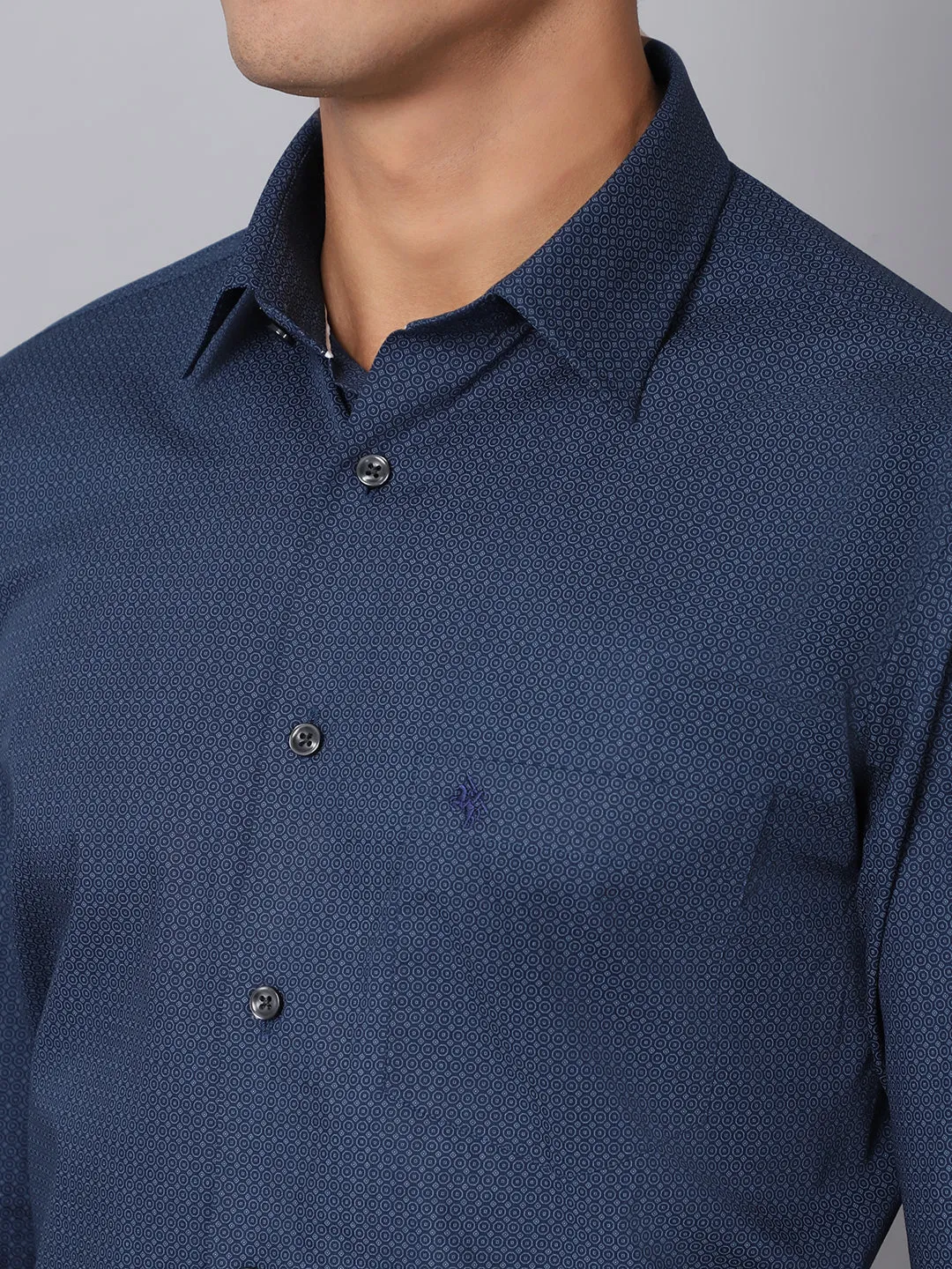 Men's Navy Blue Formal Geometric Print Full Sleeve Shirt