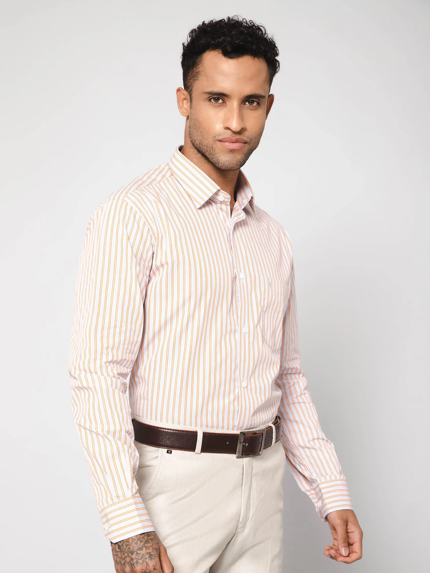 Men's Orange Formal Narrow Stripe Full Sleeve Shirt