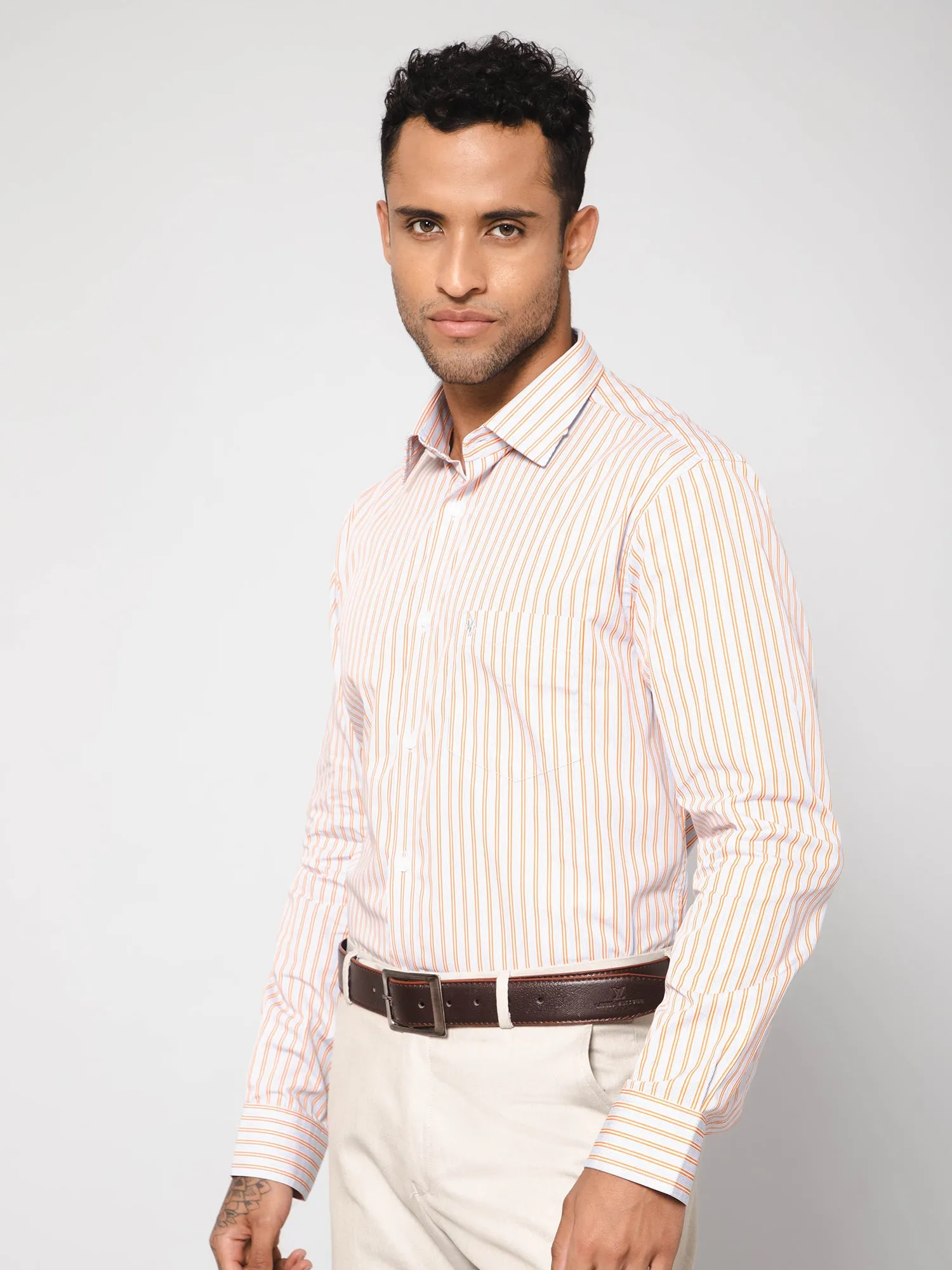 Men's Orange Formal Narrow Stripe Full Sleeve Shirt