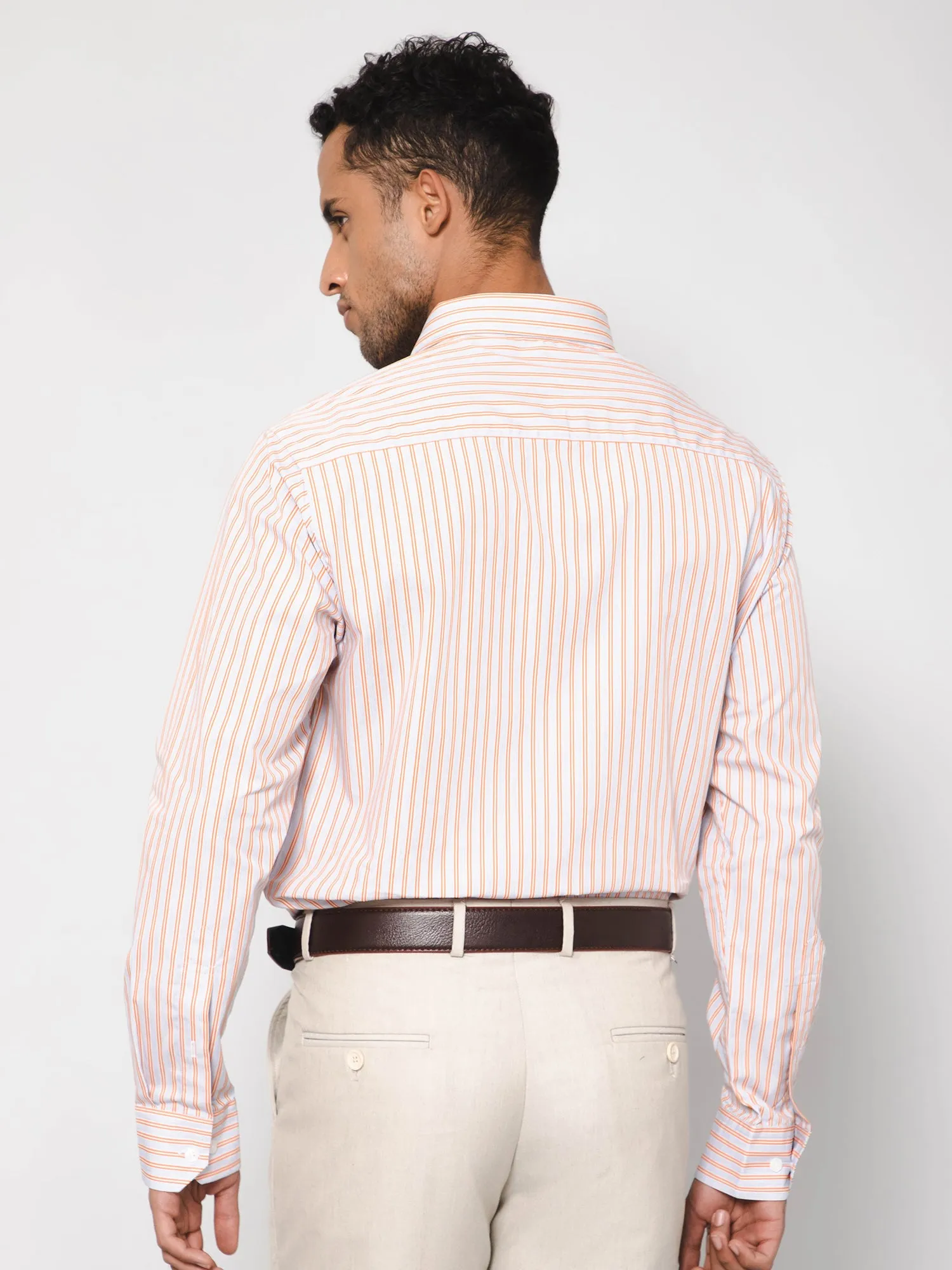 Men's Orange Formal Narrow Stripe Full Sleeve Shirt