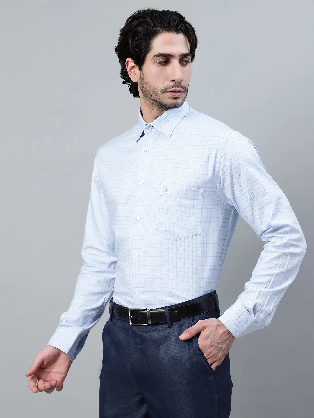 Men's Sky Blue Checkered Full Sleeve Formal Shirt