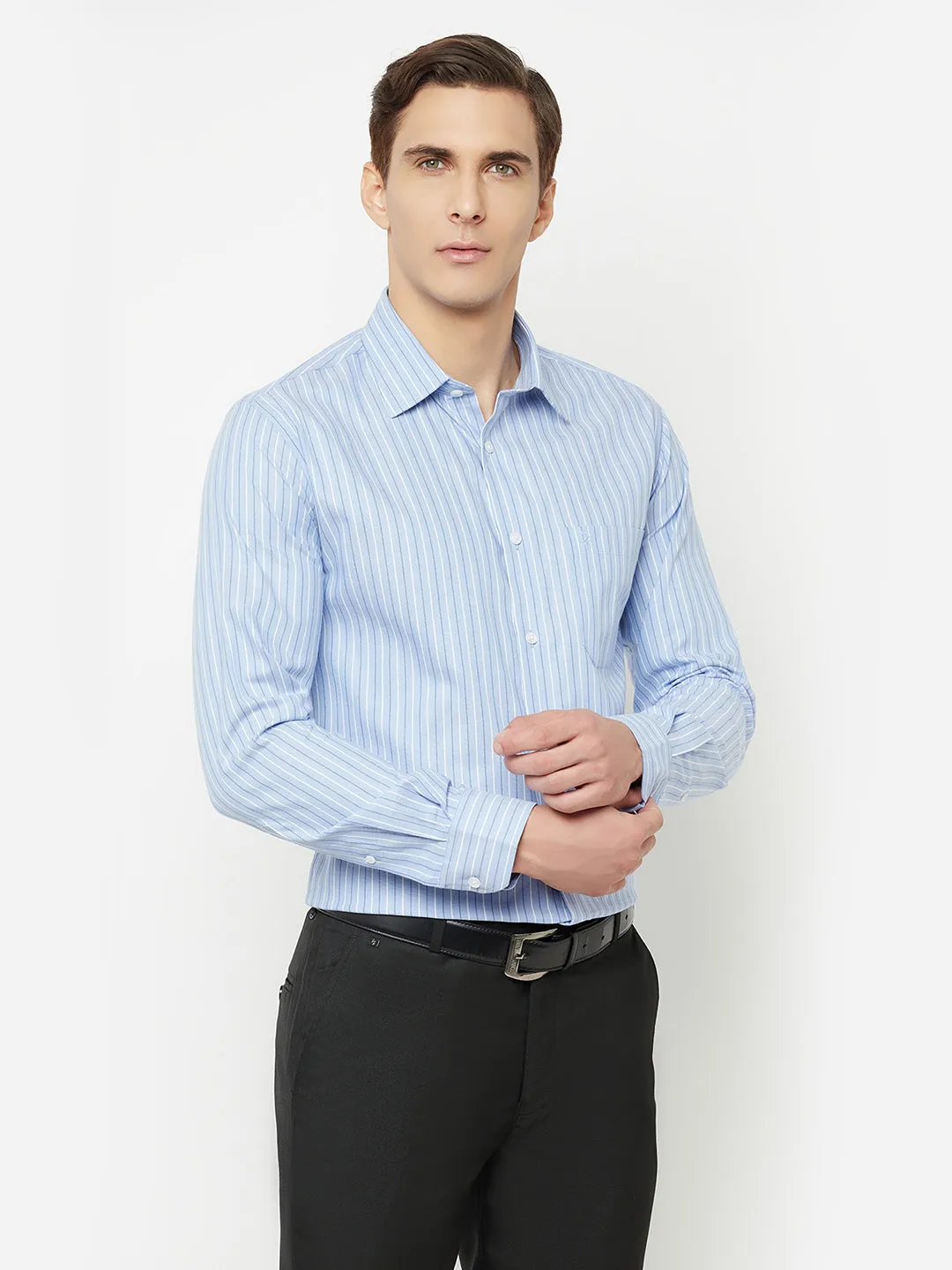 Men's Sky Blue Formal Narrow Stripe Full Sleeve Shirt