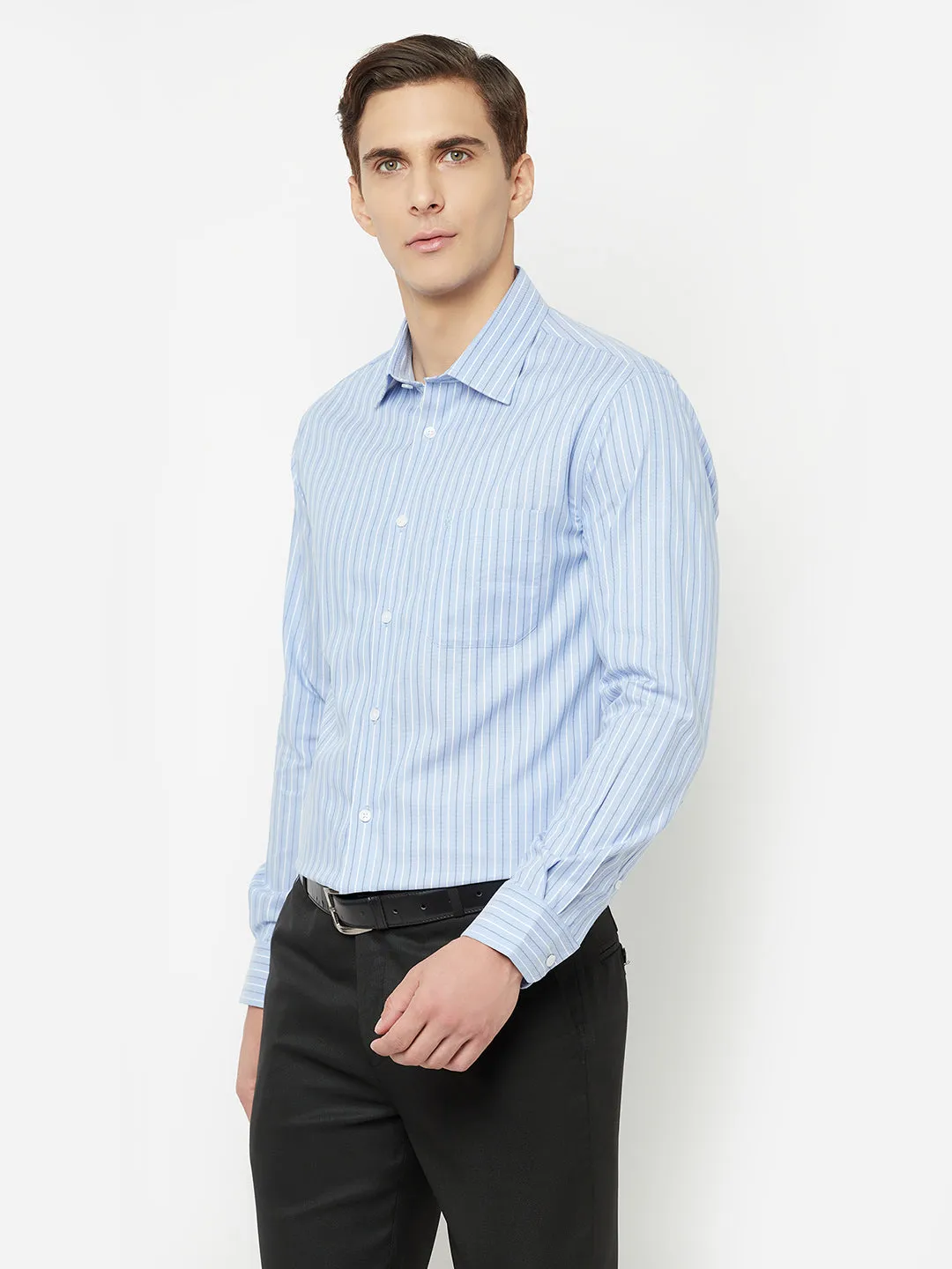 Men's Sky Blue Formal Narrow Stripe Full Sleeve Shirt