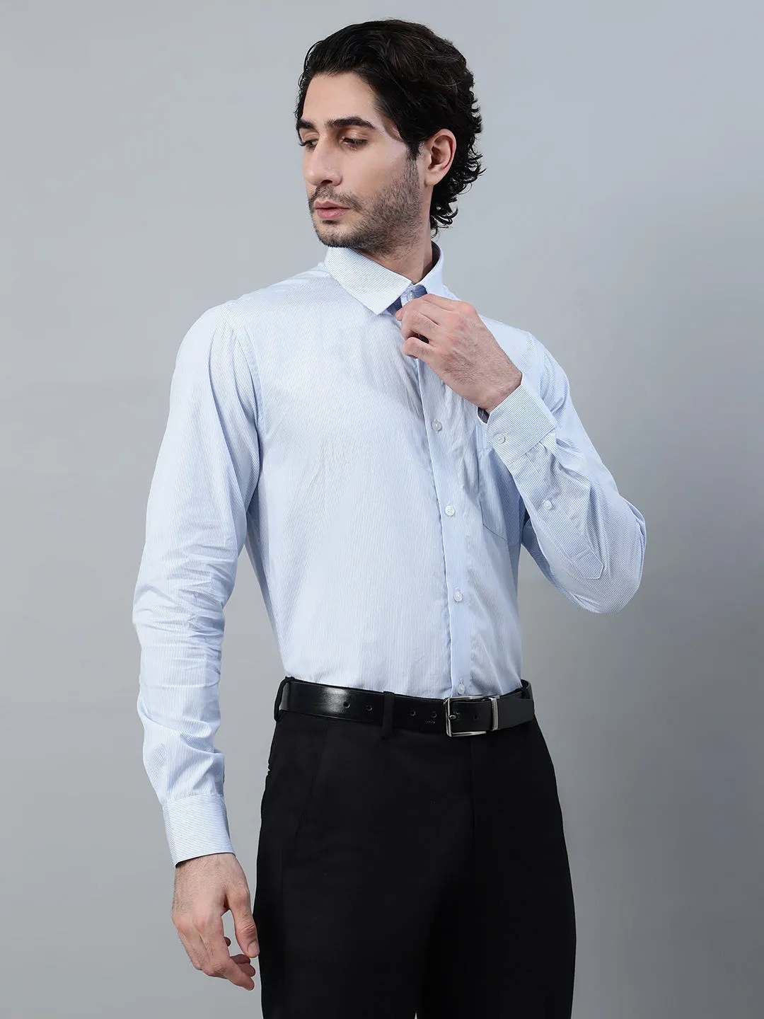 Men's Sky Blue Striped Full Sleeve Formal Shirt