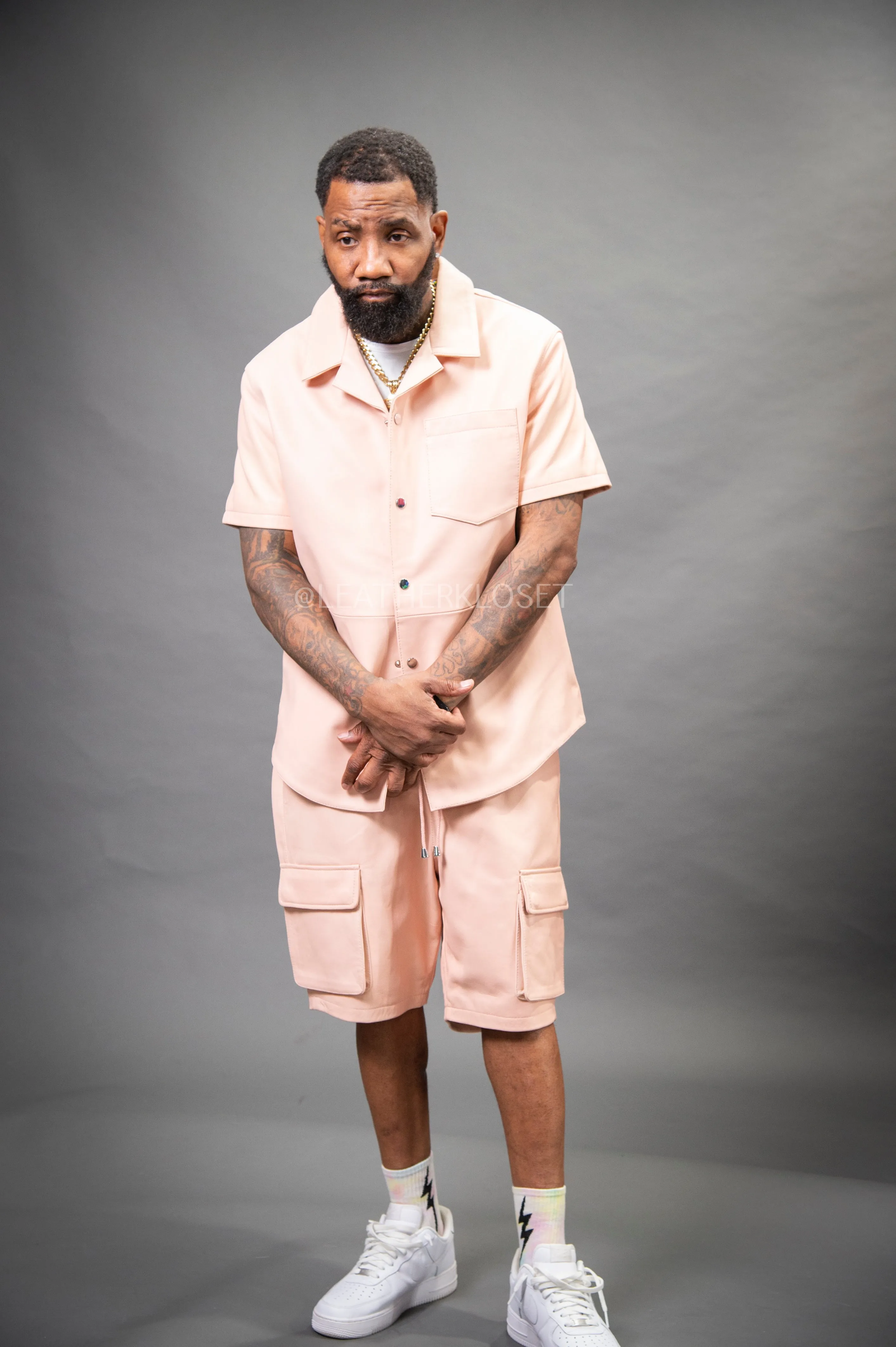 Men's Summer In Miami Leather Shirt And Cargo Shorts Set [Baby Pink]