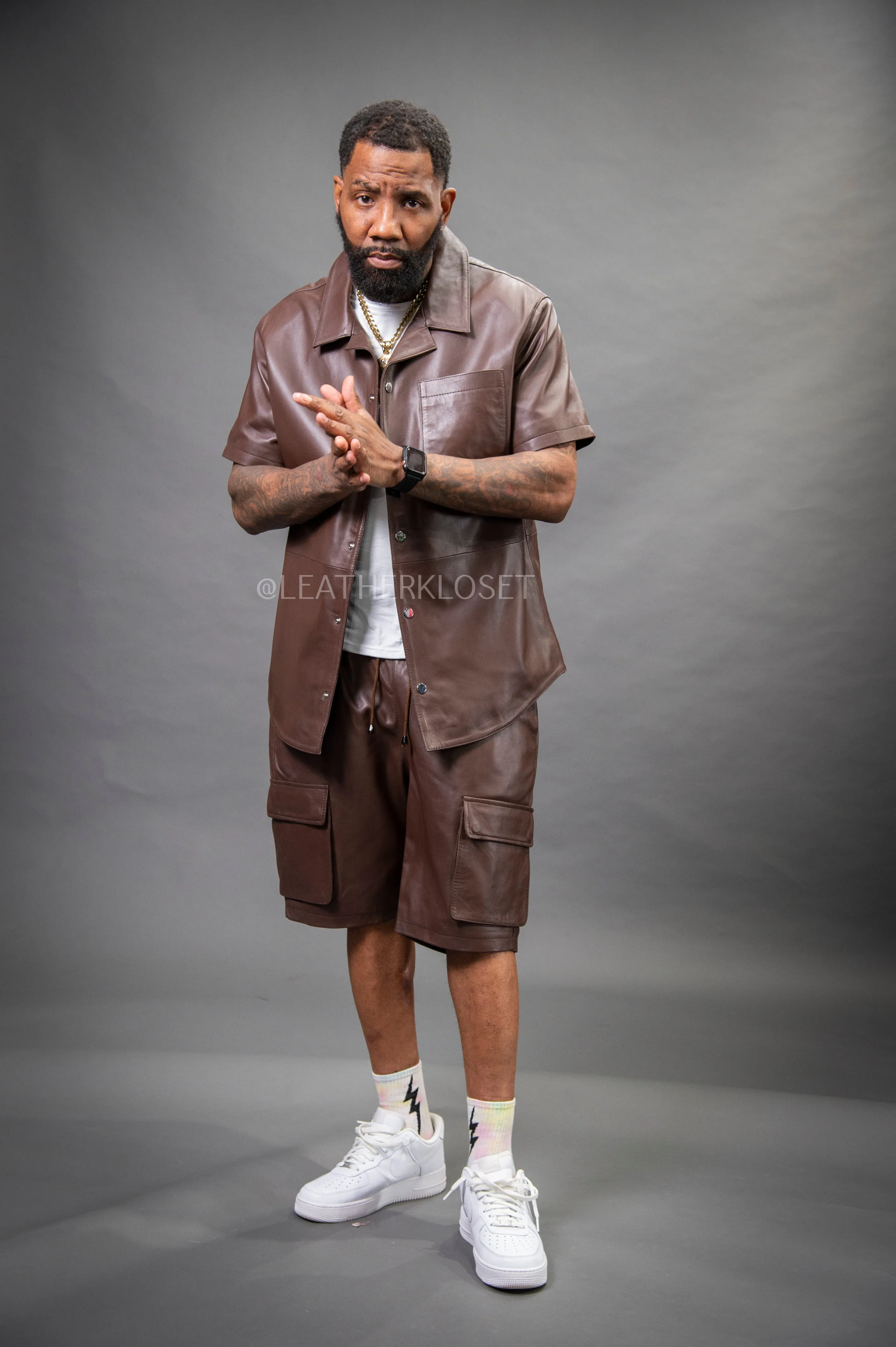 Men's Summer In Miami Leather Shirt And Cargo Shorts Set [Chocolate]