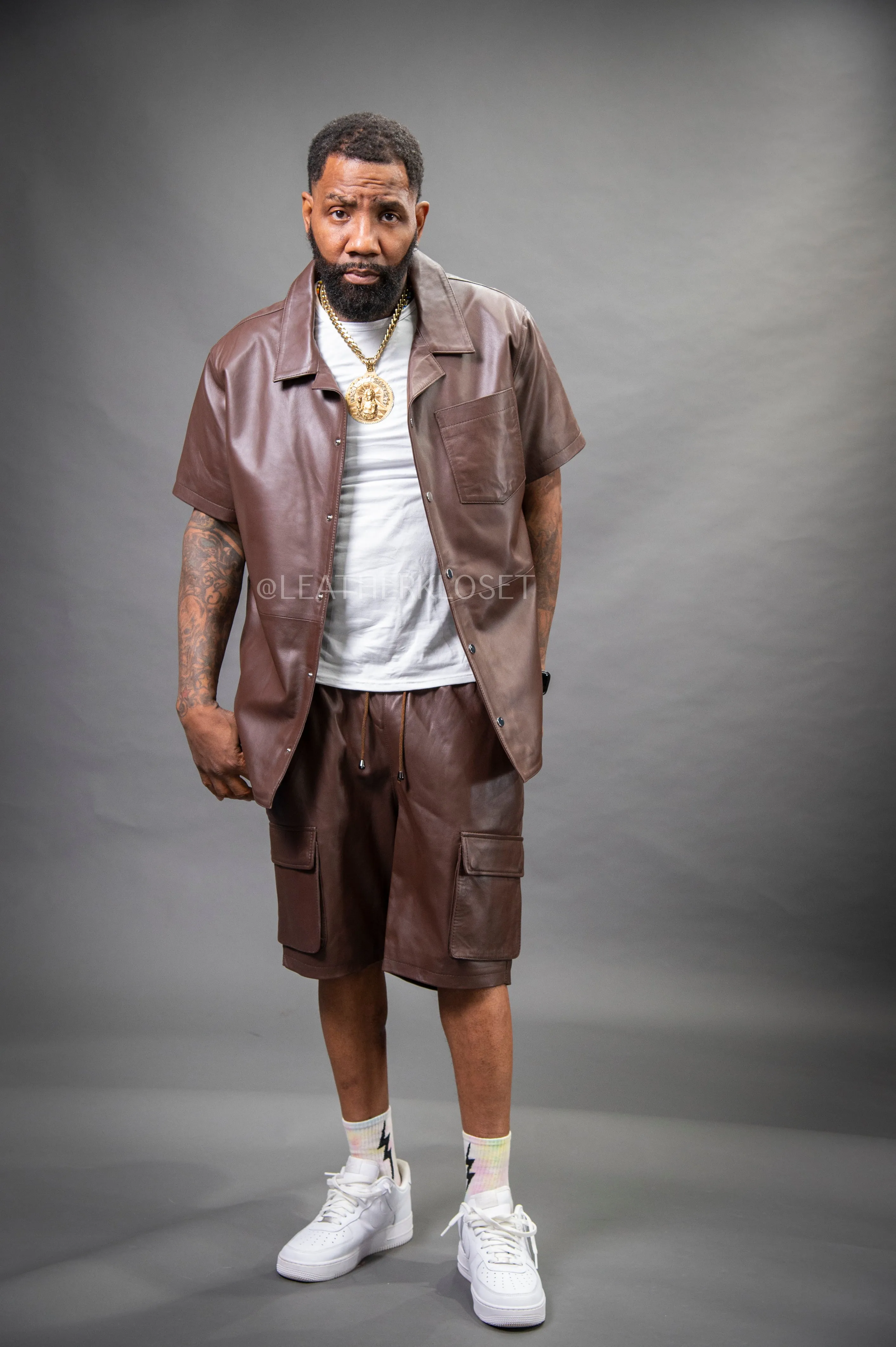 Men's Summer In Miami Leather Shirt And Cargo Shorts Set [Chocolate]