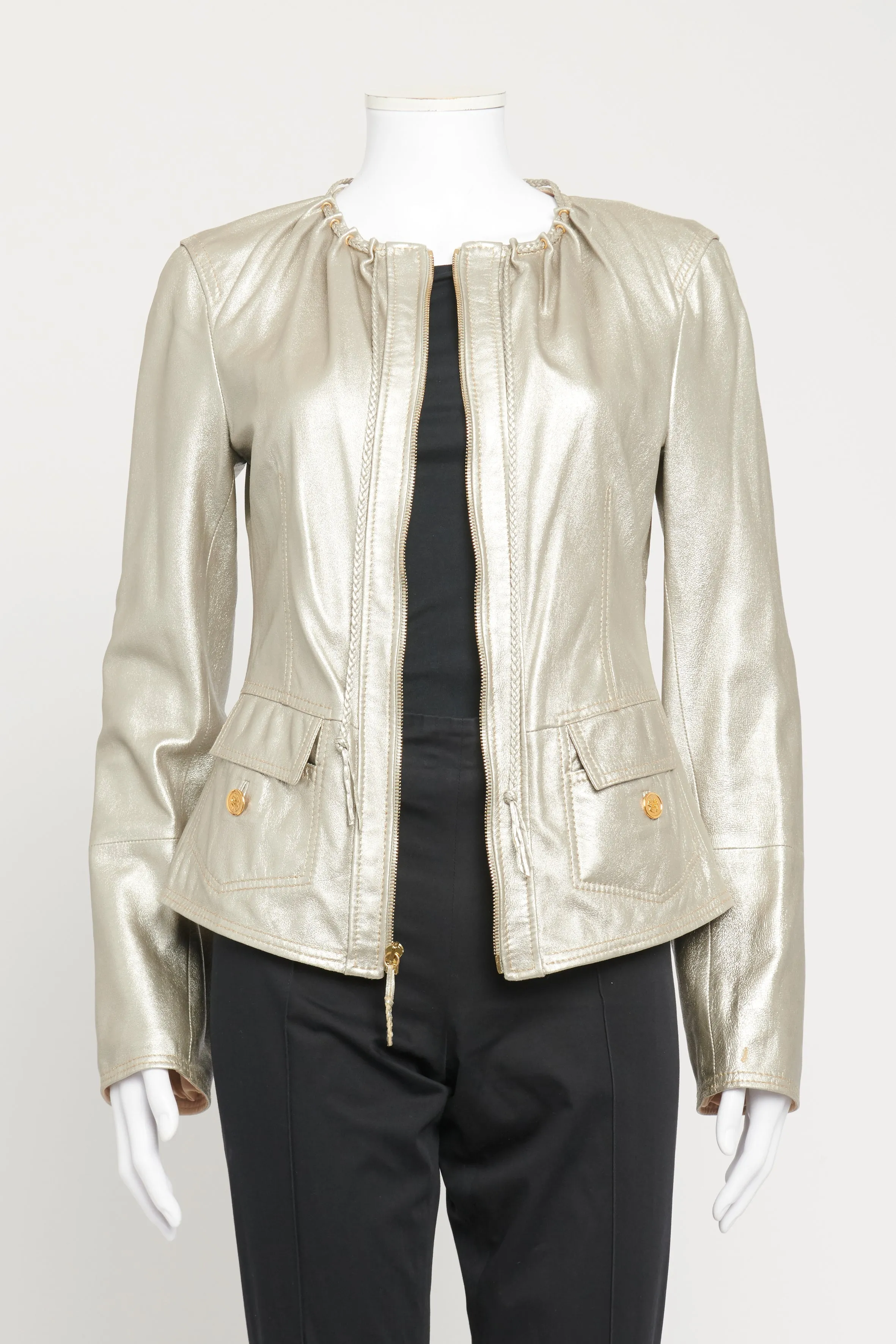 Metallic Preowned Leather Jacket With Rope Detail