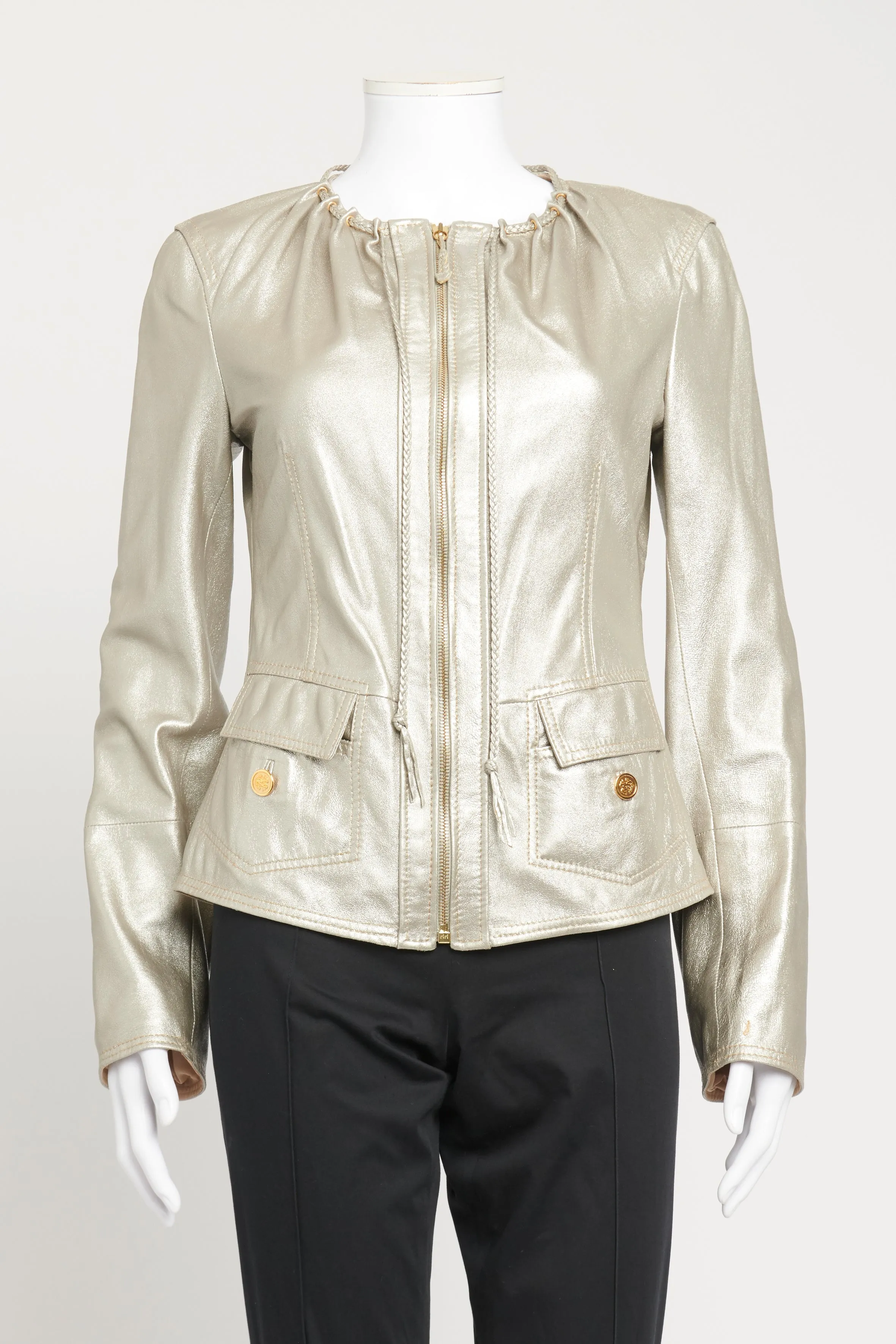 Metallic Preowned Leather Jacket With Rope Detail