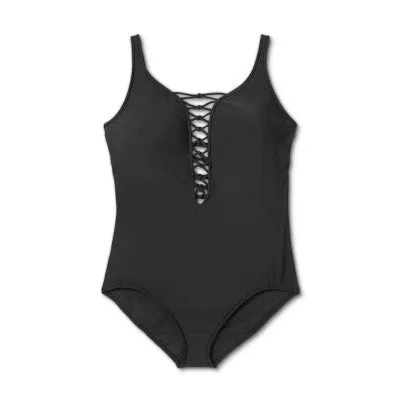 New - Aqua Green Women's Plus Lace Up One Piece Swimsuit Bathing Suit, Black 20W