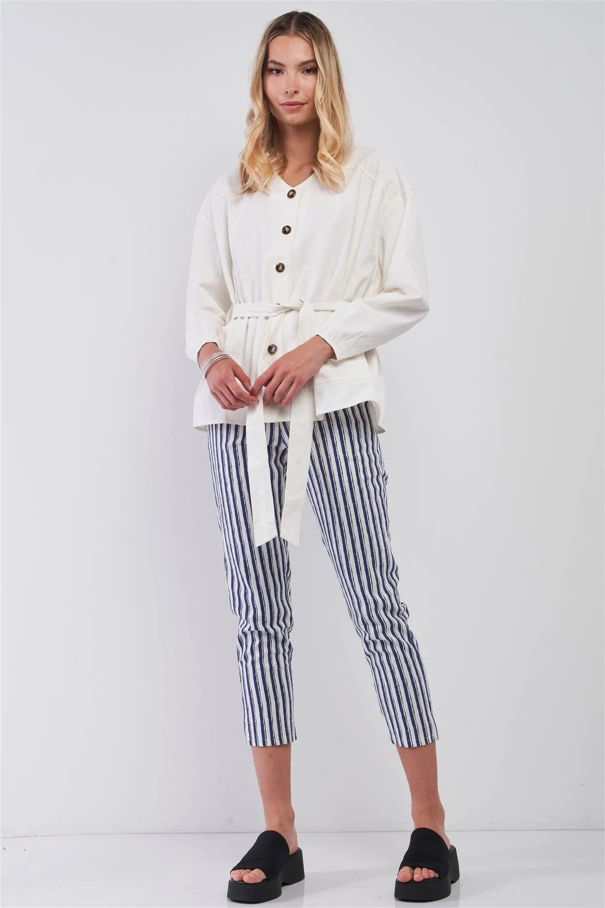 Off-White Balloon Sleeve Button-Down Front Self-Tie Belted Oversized Summer Jacket