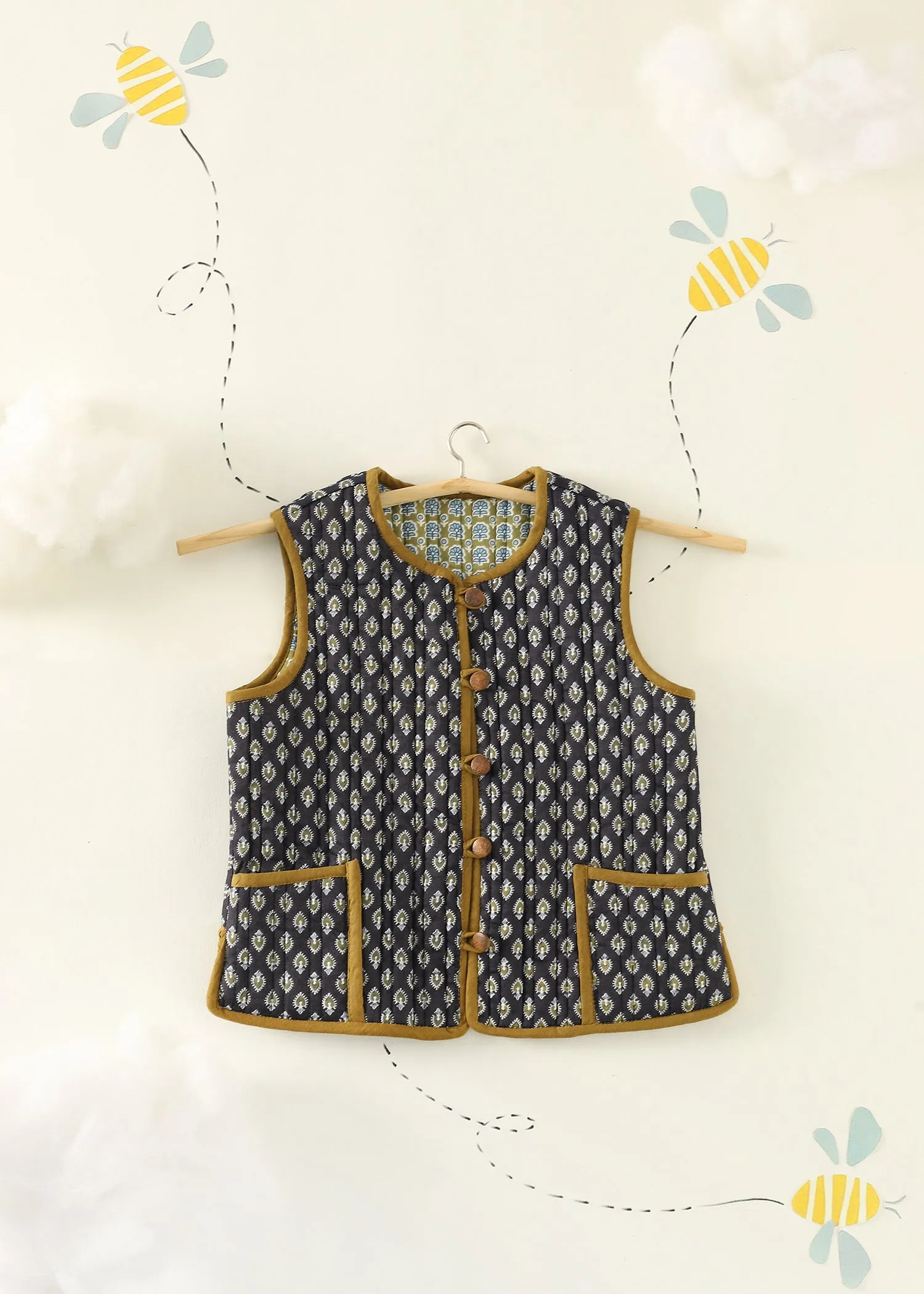 Olive-Navy Zinnia Quilted Cotton Reversible Bundi Jacket Unisex (1-7 Years)