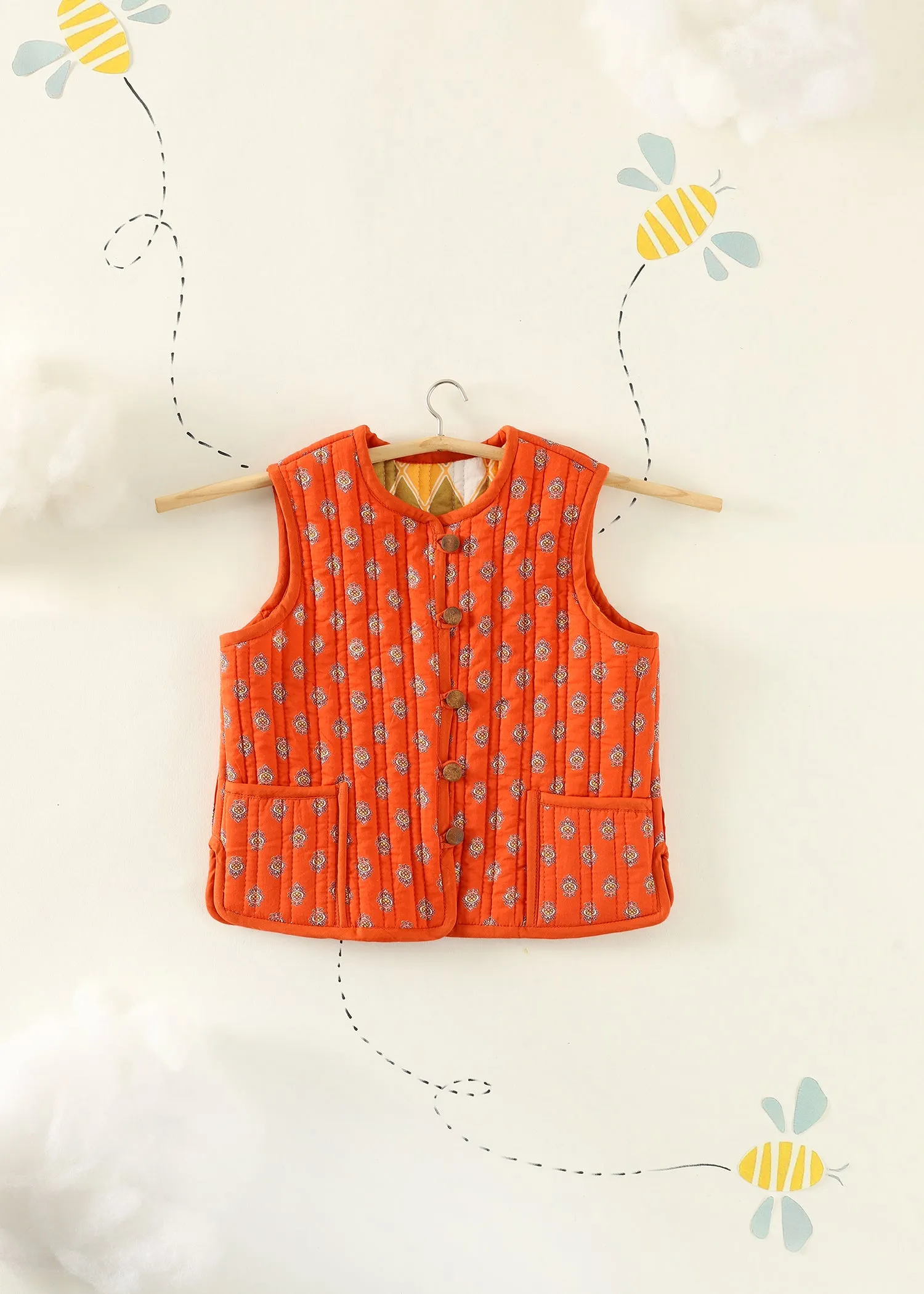 Orange Rhombus Quilted Cotton Reversible Bundi Jacket Unisex (1-7 Years)