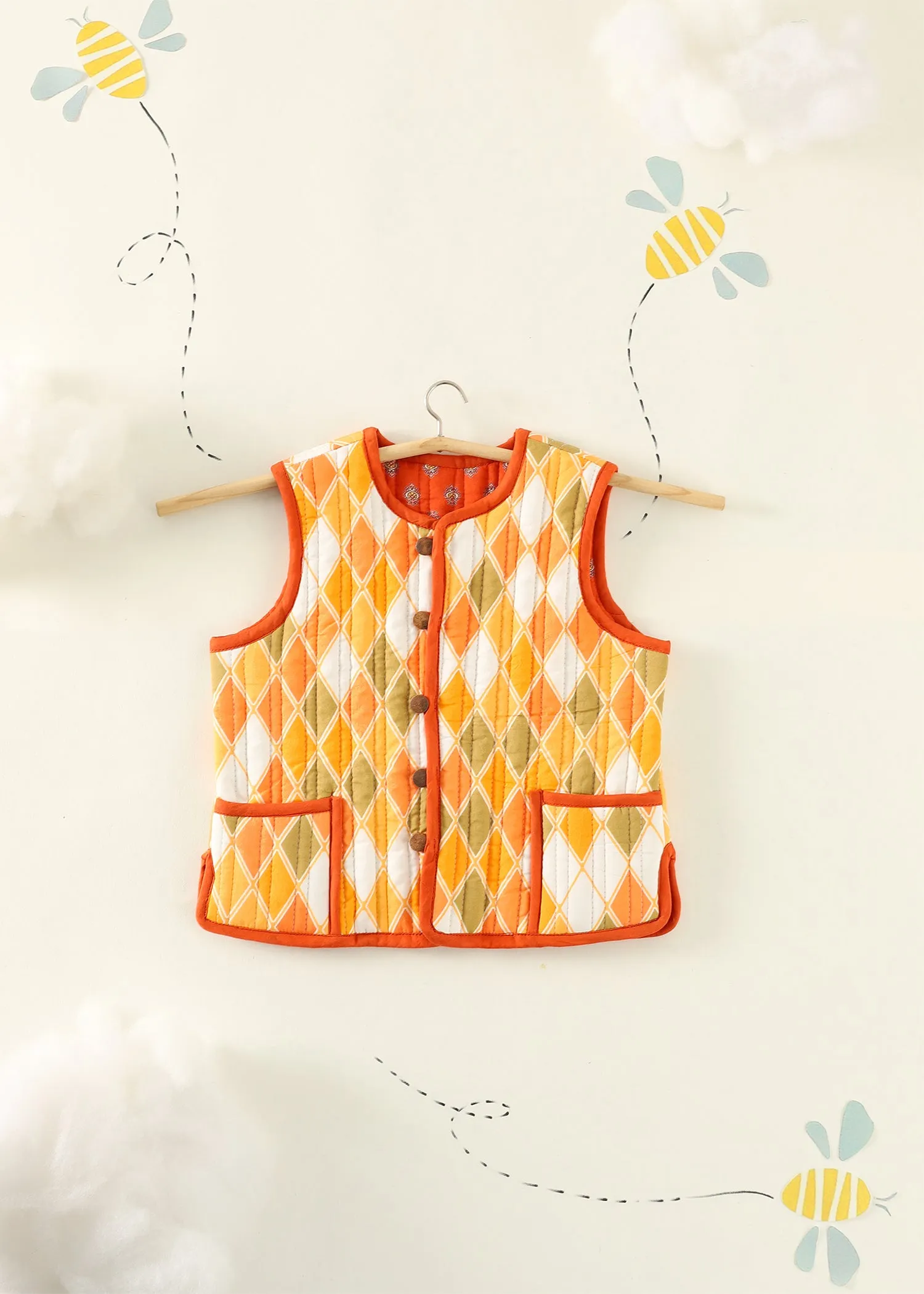 Orange Rhombus Quilted Cotton Reversible Bundi Jacket Unisex (1-7 Years)