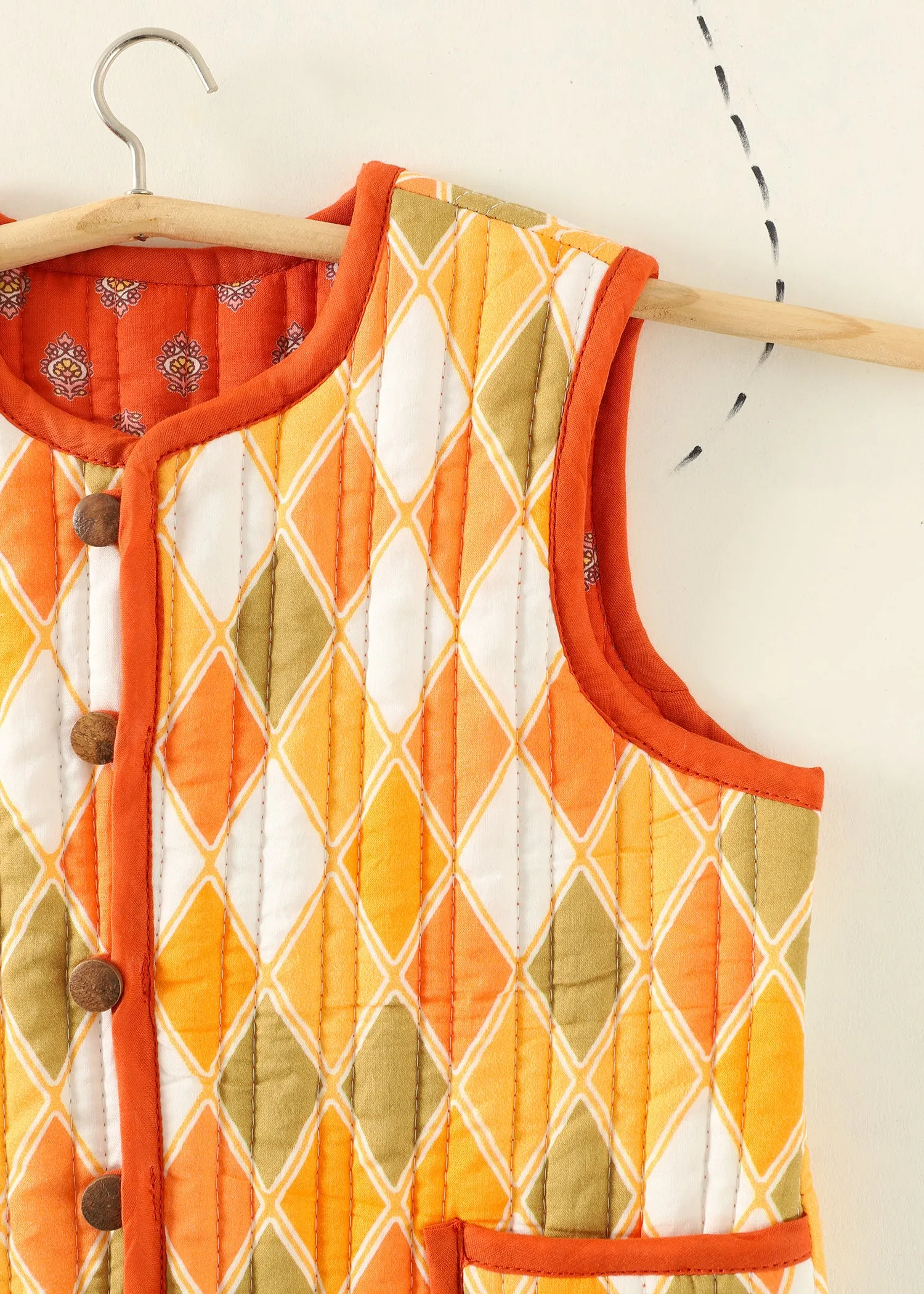 Orange Rhombus Quilted Cotton Reversible Bundi Jacket Unisex (1-7 Years)