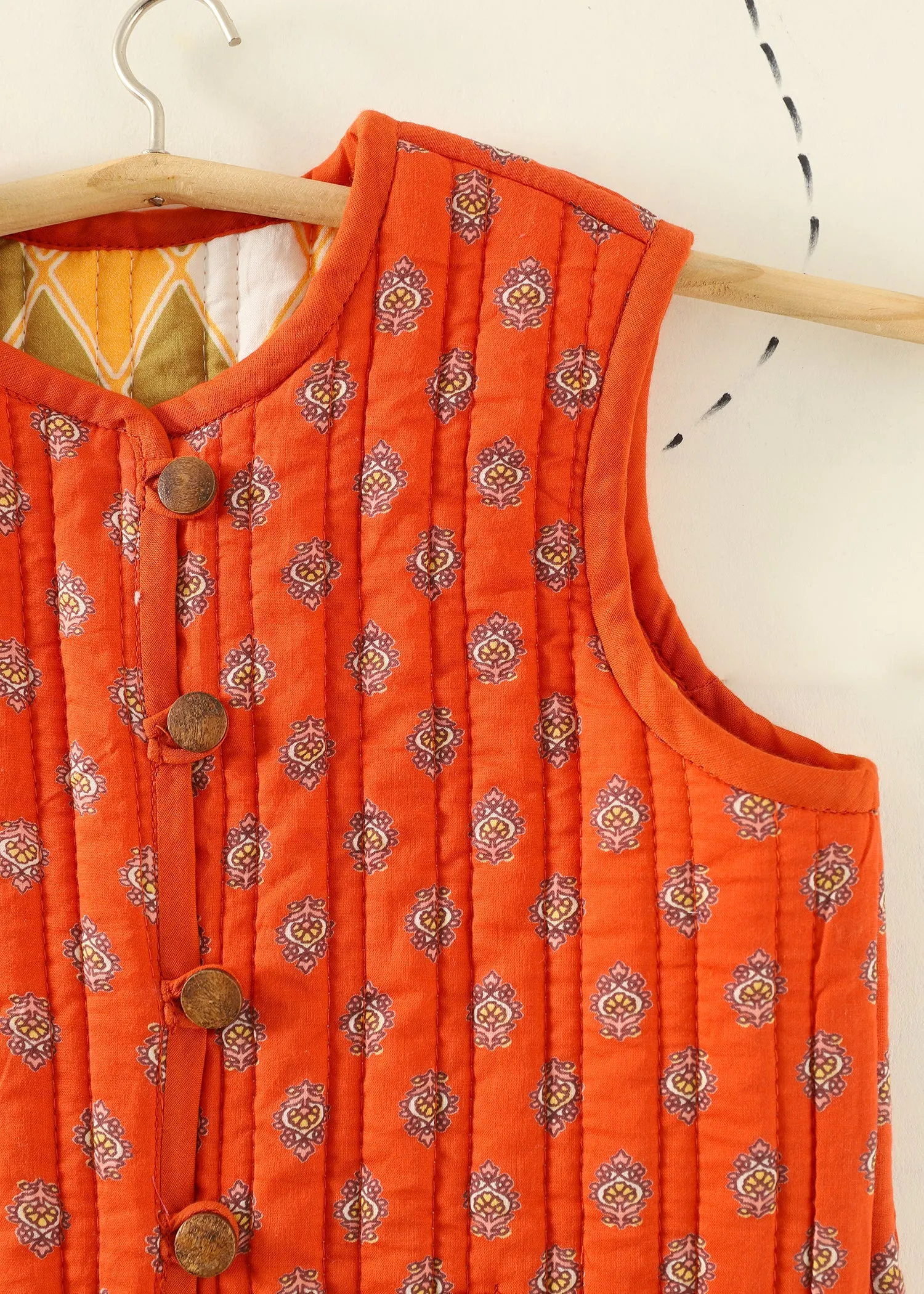 Orange Rhombus Quilted Cotton Reversible Bundi Jacket Unisex (1-7 Years)