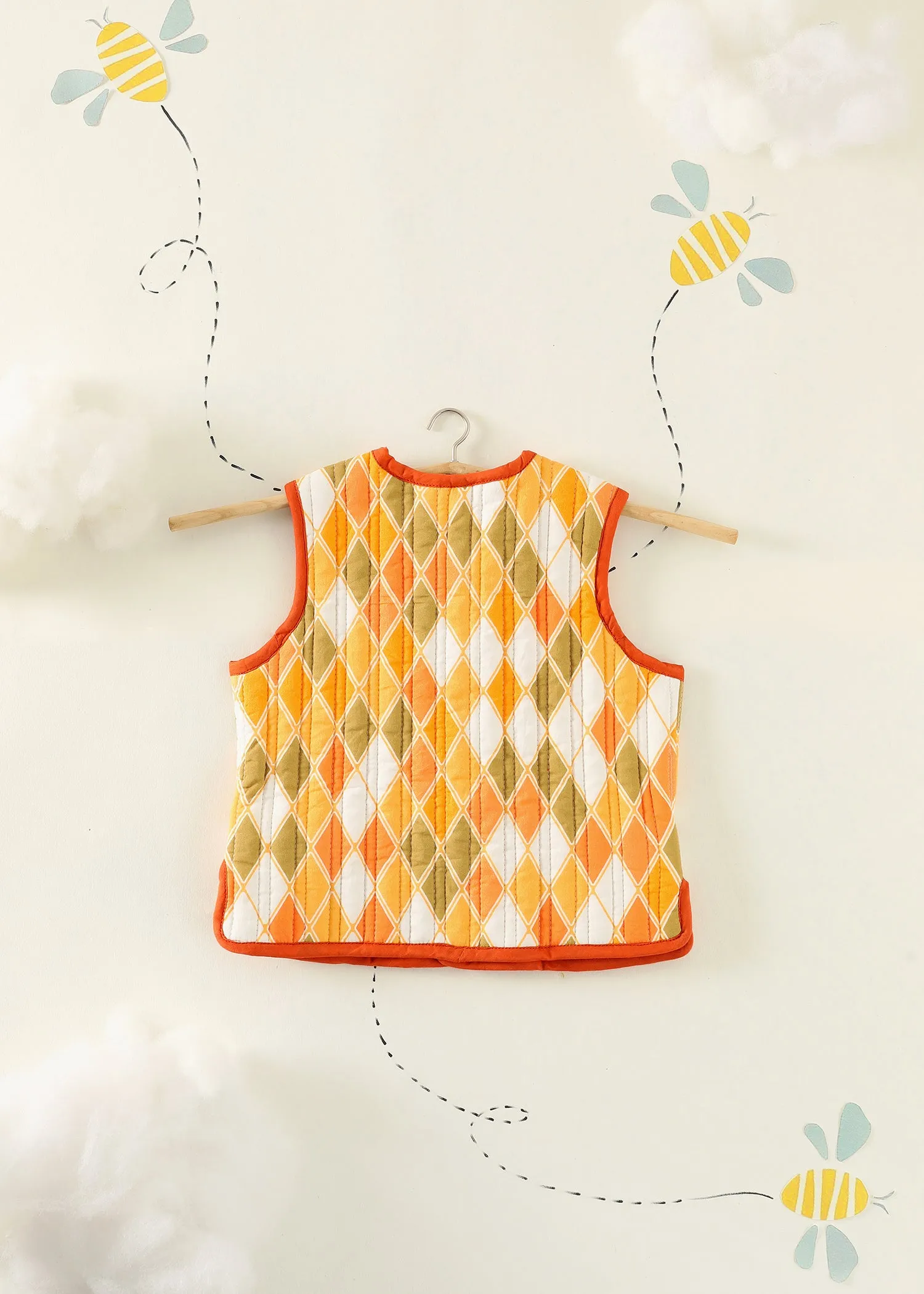 Orange Rhombus Quilted Cotton Reversible Bundi Jacket Unisex (1-7 Years)