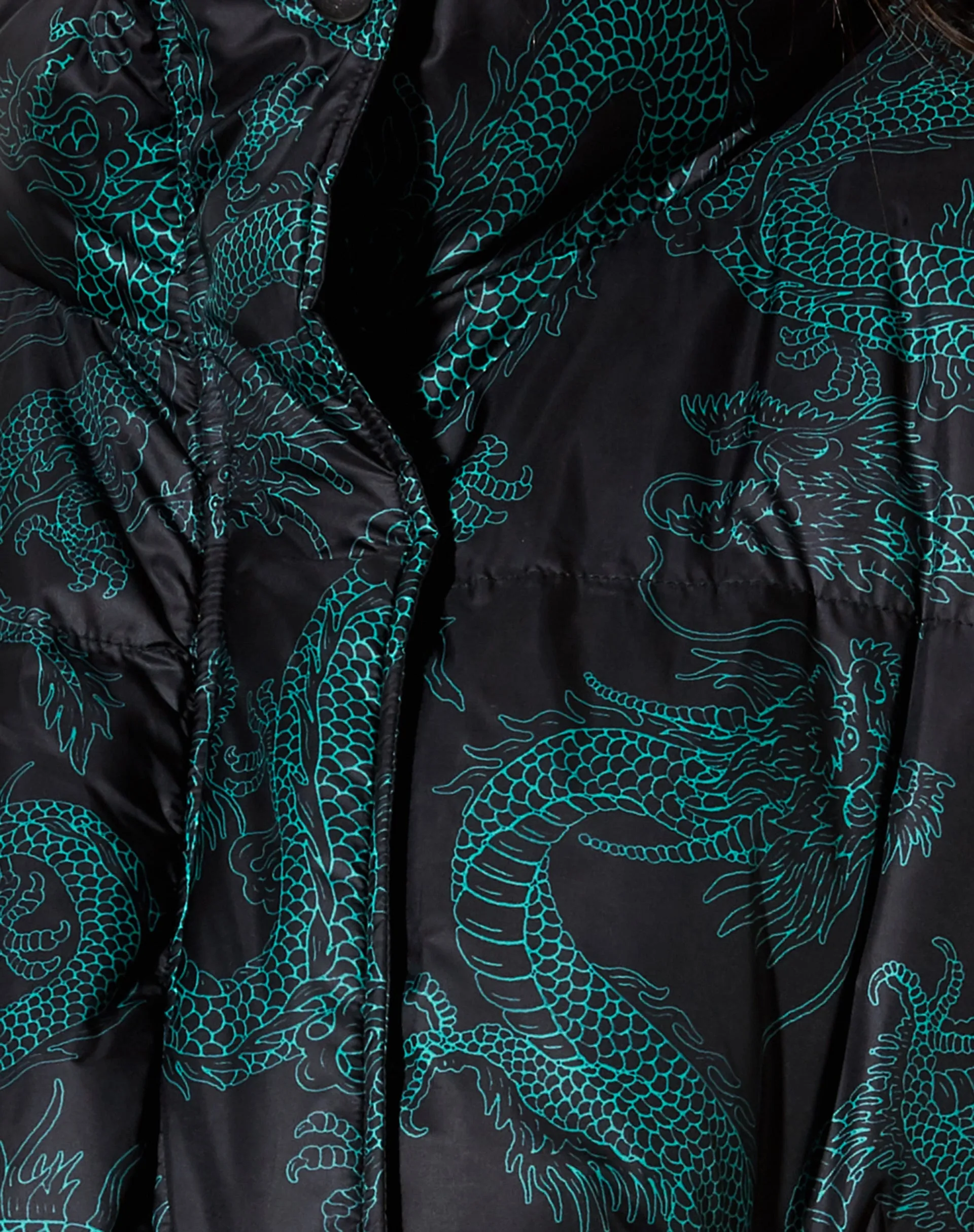 Rohos Puffer Jacket in Dragon Flower Black and Mint