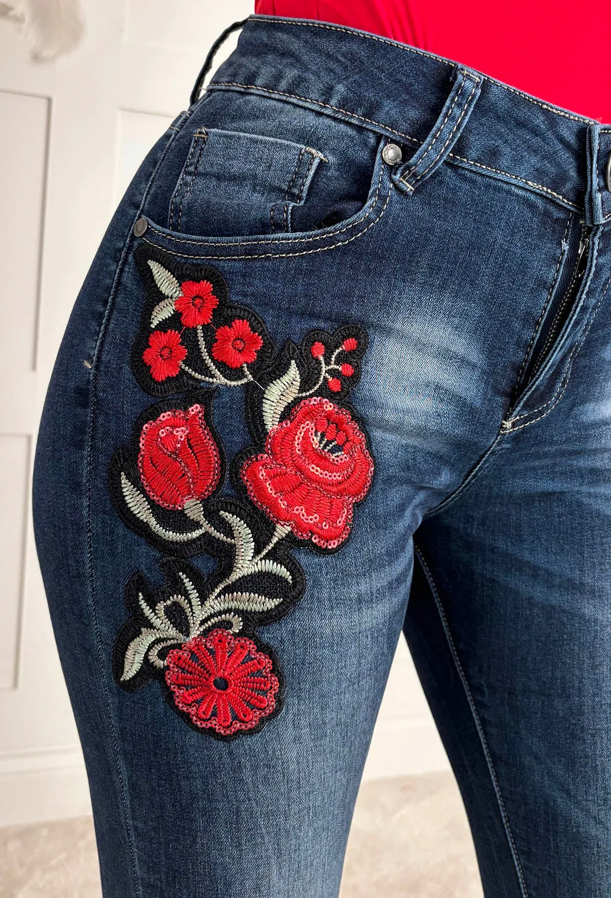 Rose Without Thorns Dark Blue Stretch Rose Skinny Jeans