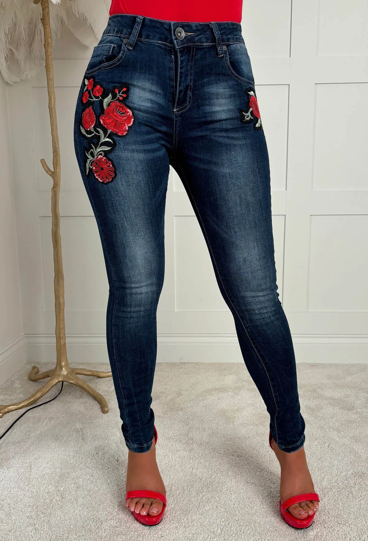 Rose Without Thorns Dark Blue Stretch Rose Skinny Jeans