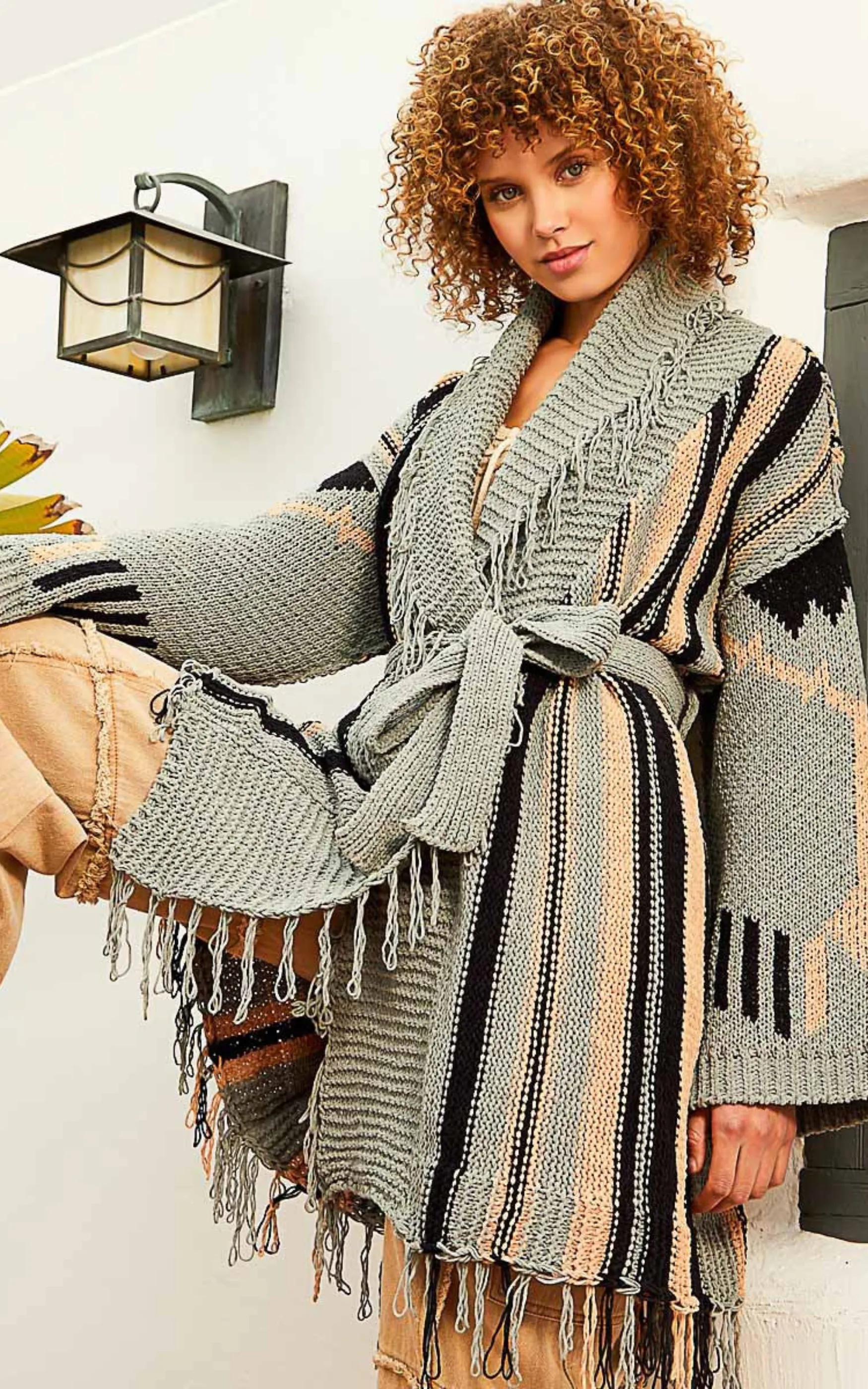 Sage Tribal Striped Oversized Chenille Cardigan w/ Belt