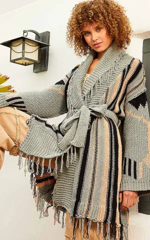 Sage Tribal Striped Oversized Chenille Cardigan w/ Belt