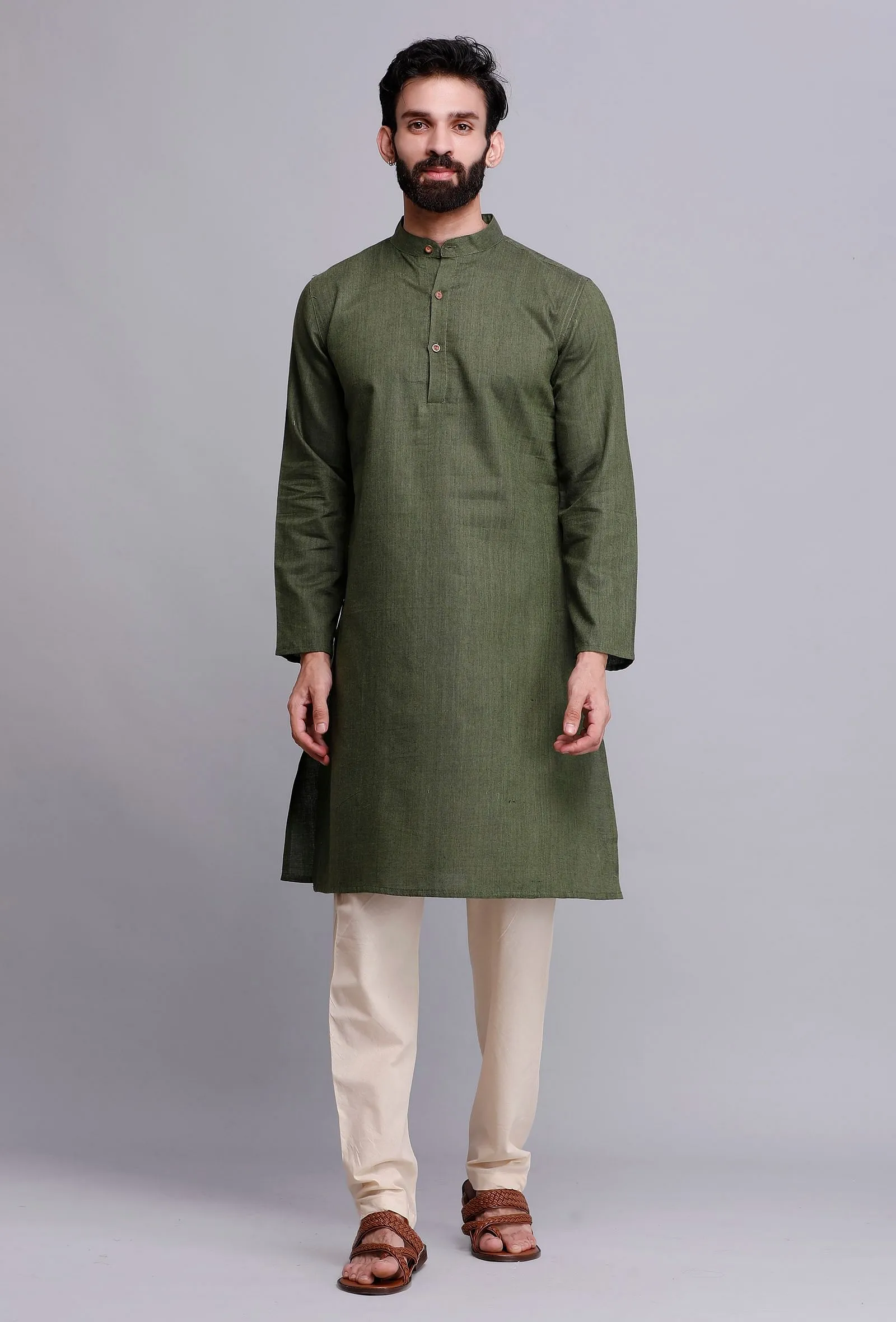 Set of 2: Bottle Green Cotton Kurta and Pyjama Set