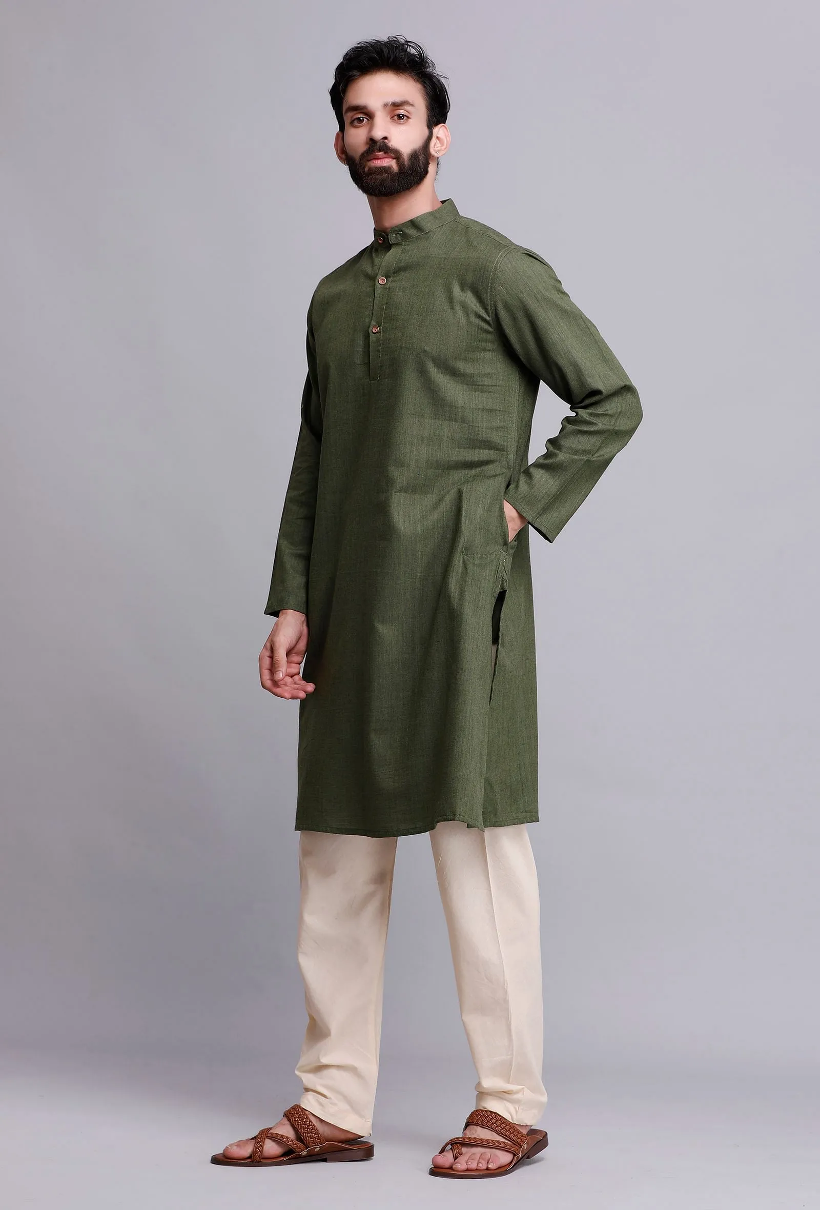 Set of 2: Bottle Green Cotton Kurta and Pyjama Set