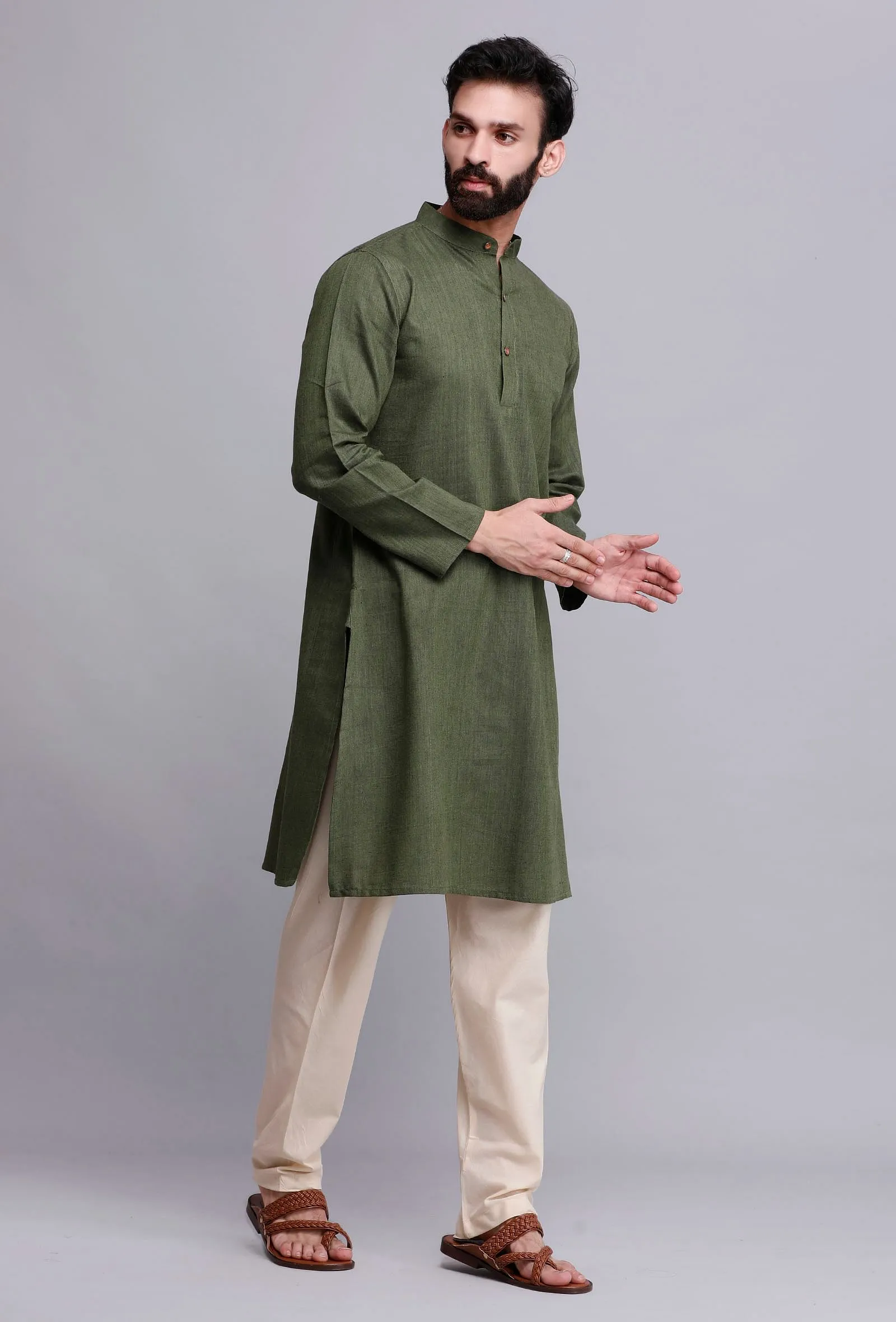 Set of 2: Bottle Green Cotton Kurta and Pyjama Set