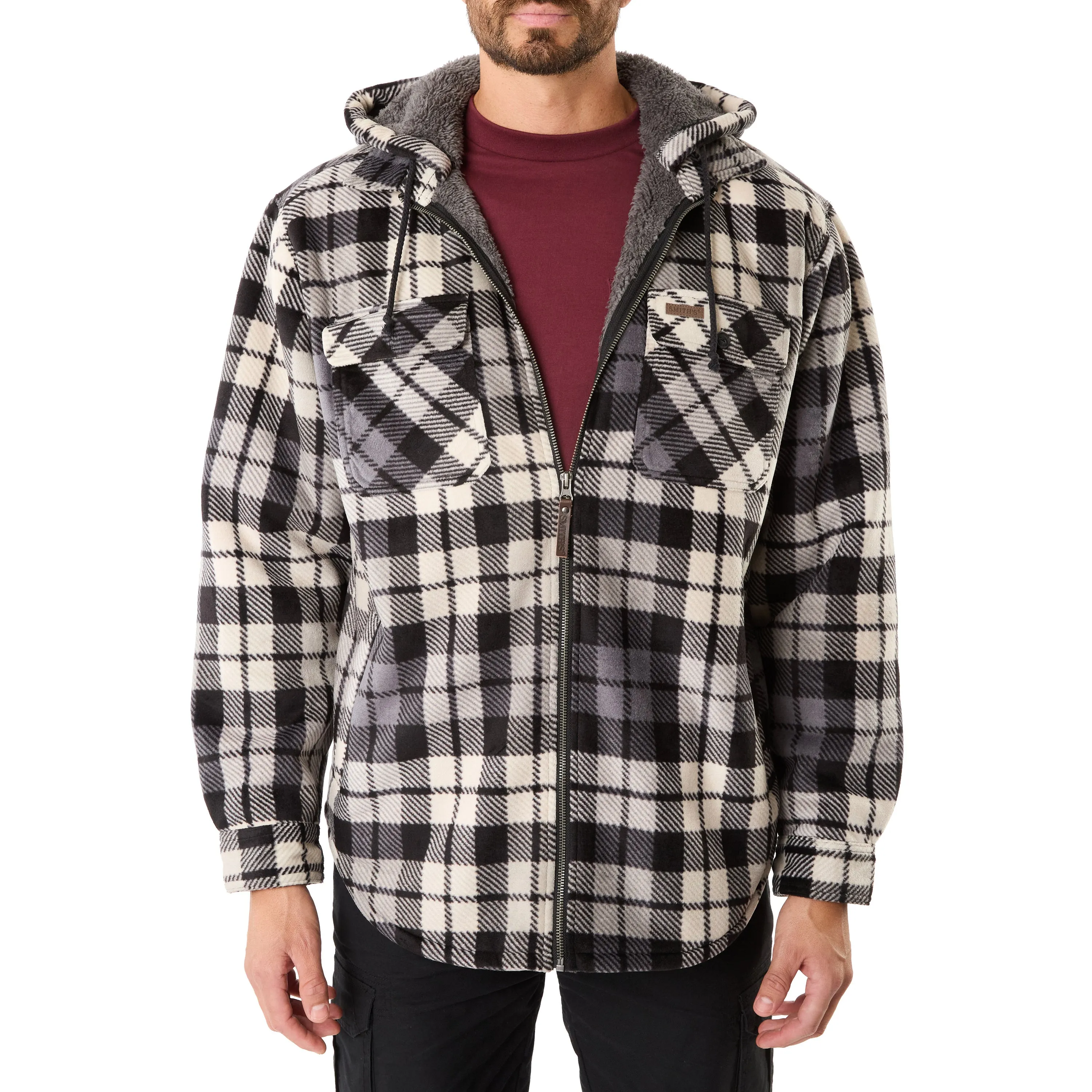 SHERPA-LINED ZIP-FRONT HOODED MICROFLEECE SHIRT-JACKET