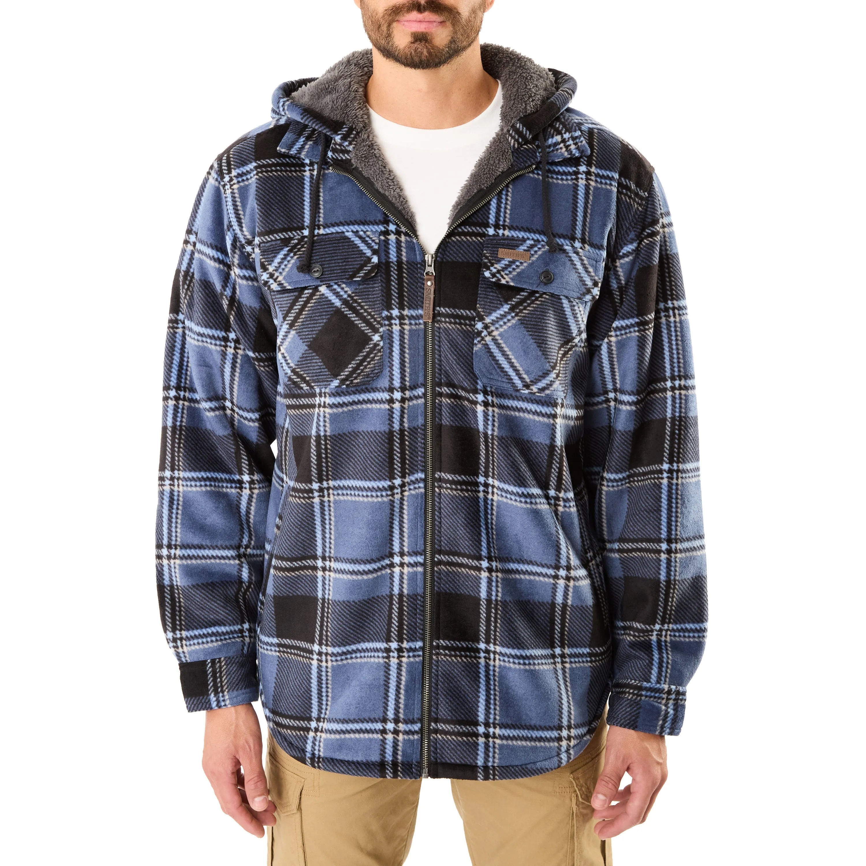 SHERPA-LINED ZIP-FRONT HOODED MICROFLEECE SHIRT-JACKET