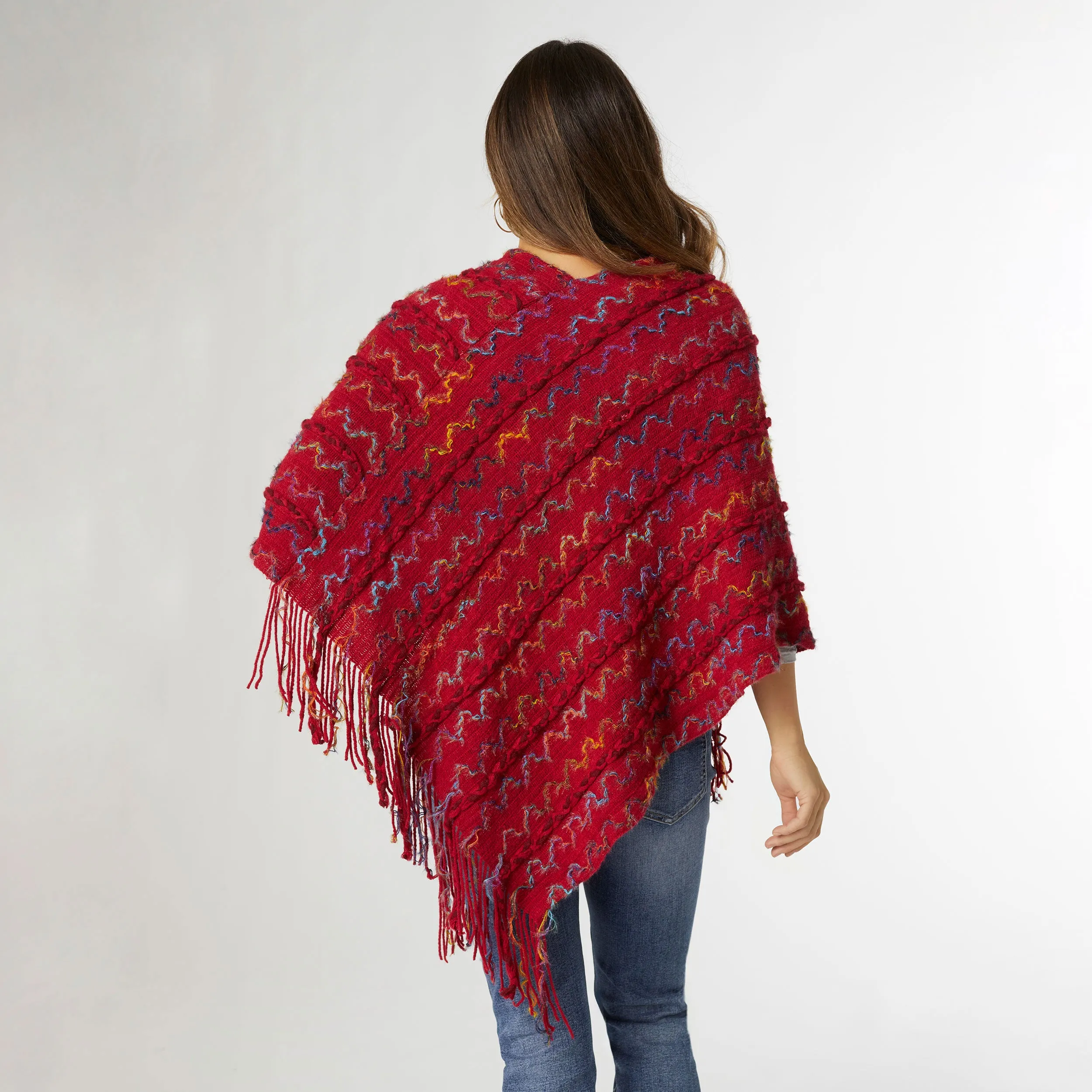 Tillie Brushed Braided Stripe Poncho - Rouge Red