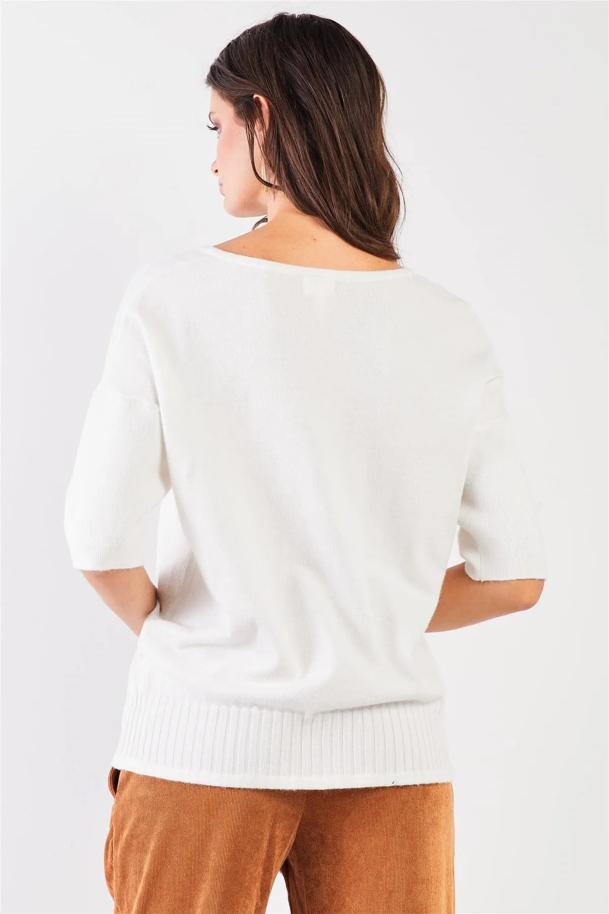 V-Neck Short Sleeve Loose Fit Rib Hem Knit Top