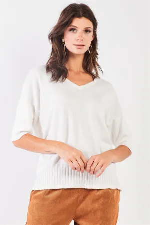 V-Neck Short Sleeve Loose Fit Rib Hem Knit Top