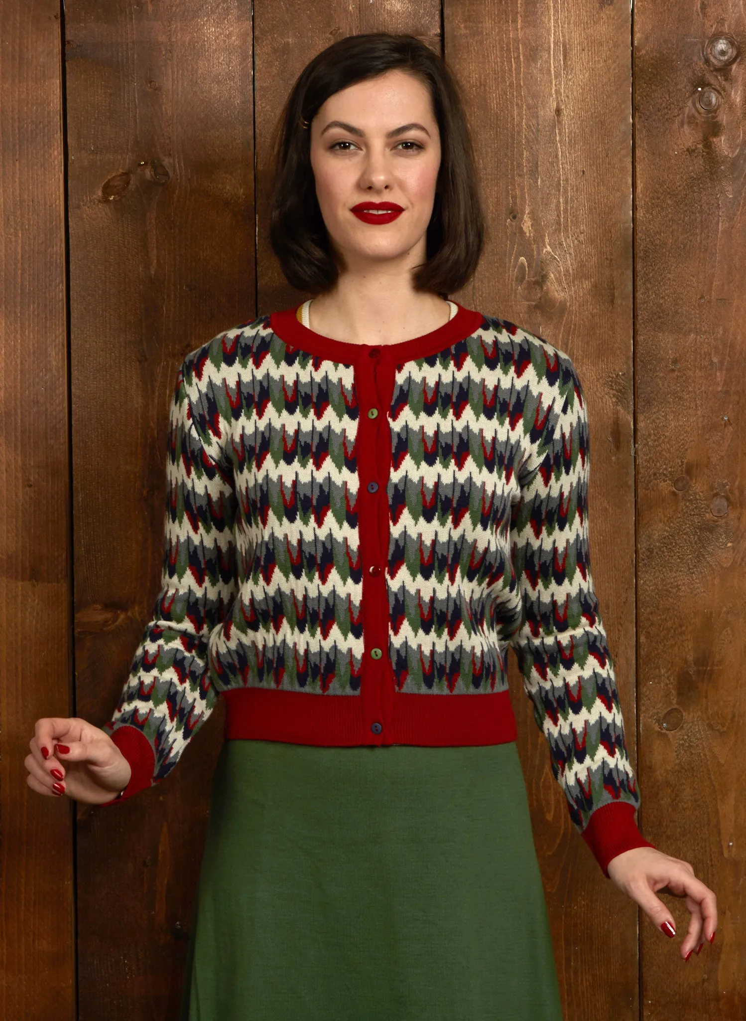 Vera Jacquard Cardigan - Red Marbled Feathers