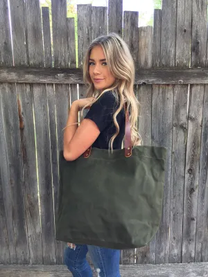 Waxed Canvas Tote Bag with Leather Handles- Navy Green Luma Vintage Collection