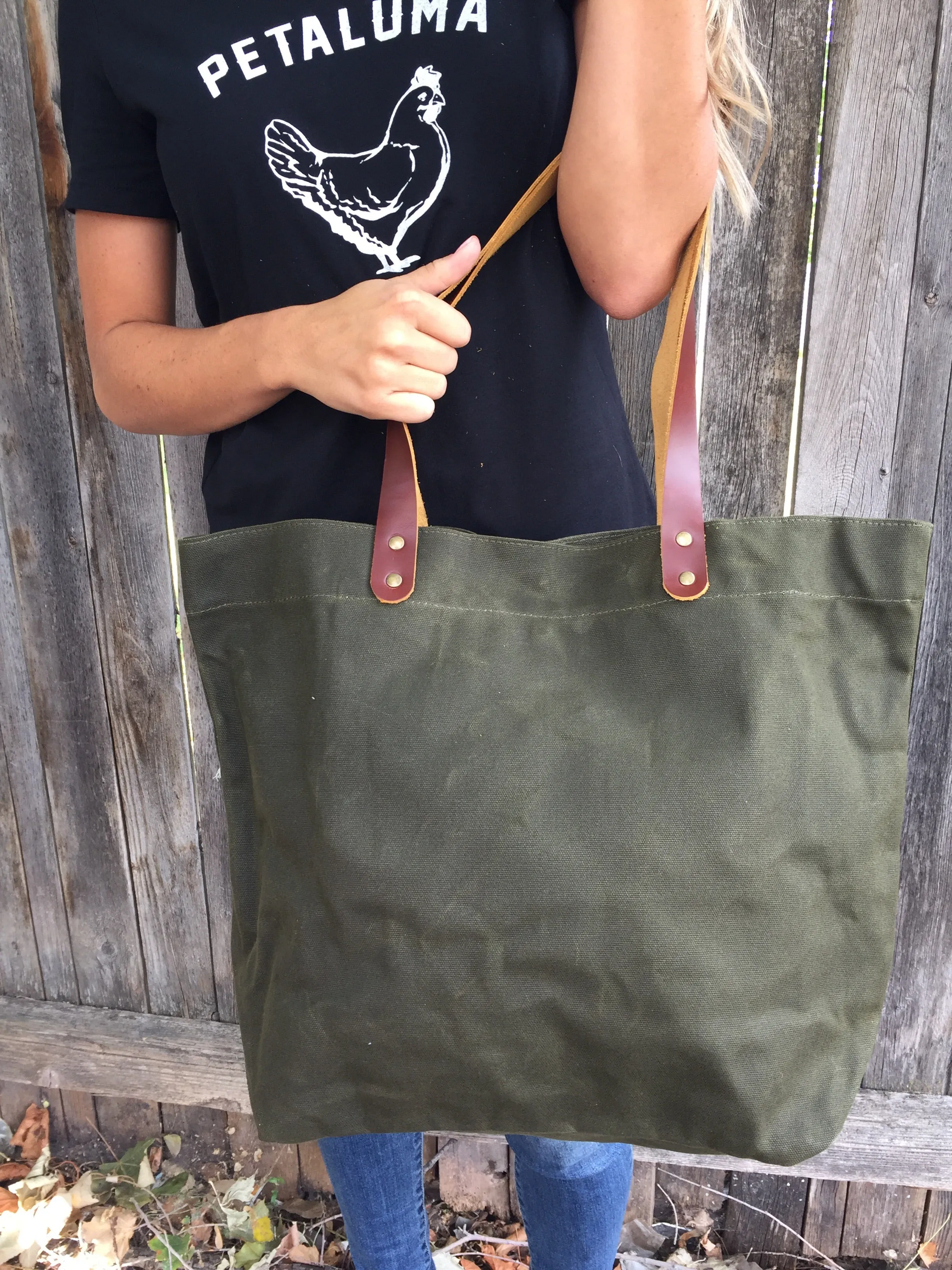 Waxed Canvas Tote Bag with Leather Handles- Navy Green Luma Vintage Collection