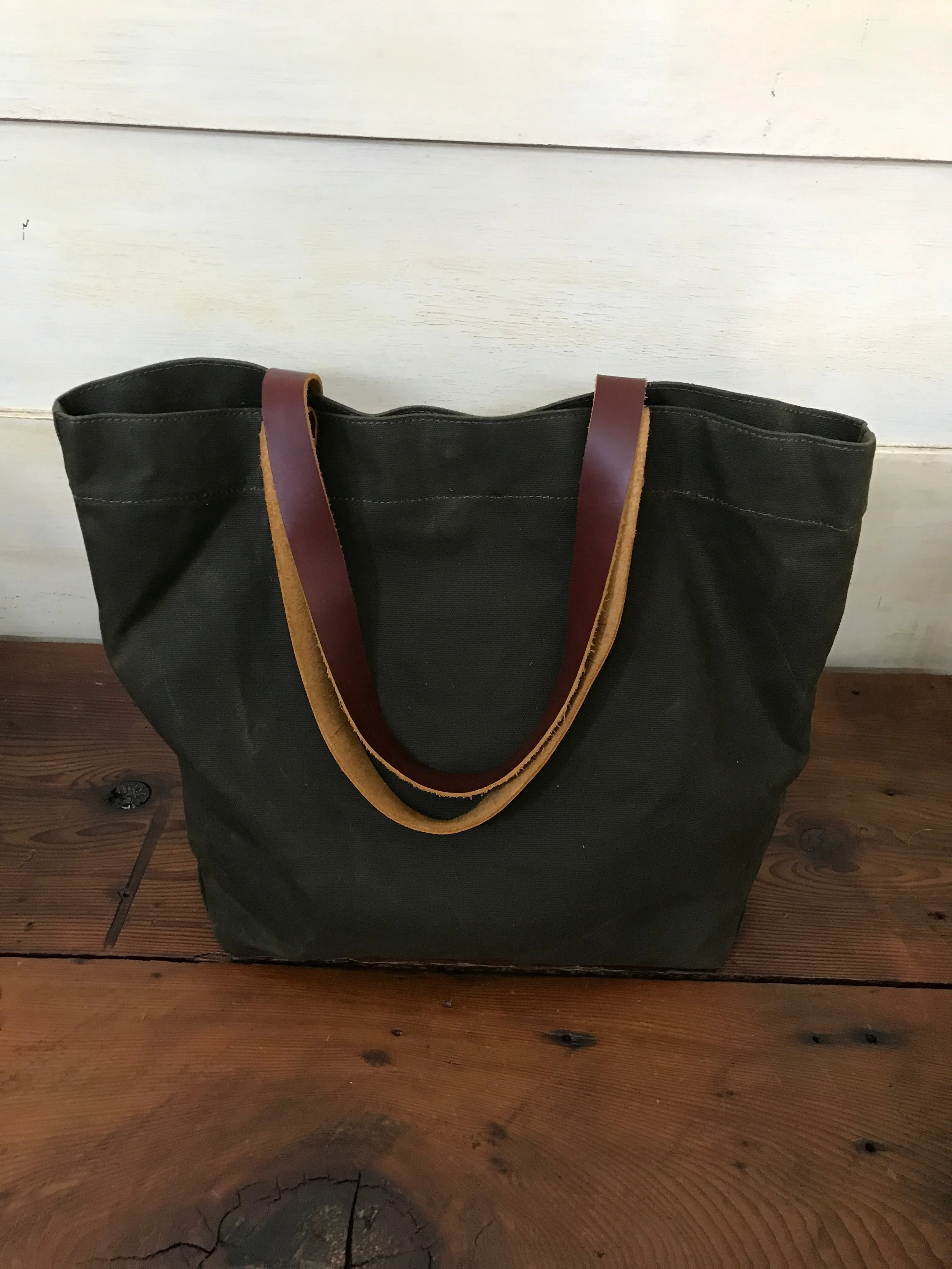 Waxed Canvas Tote Bag with Leather Handles- Navy Green Luma Vintage Collection