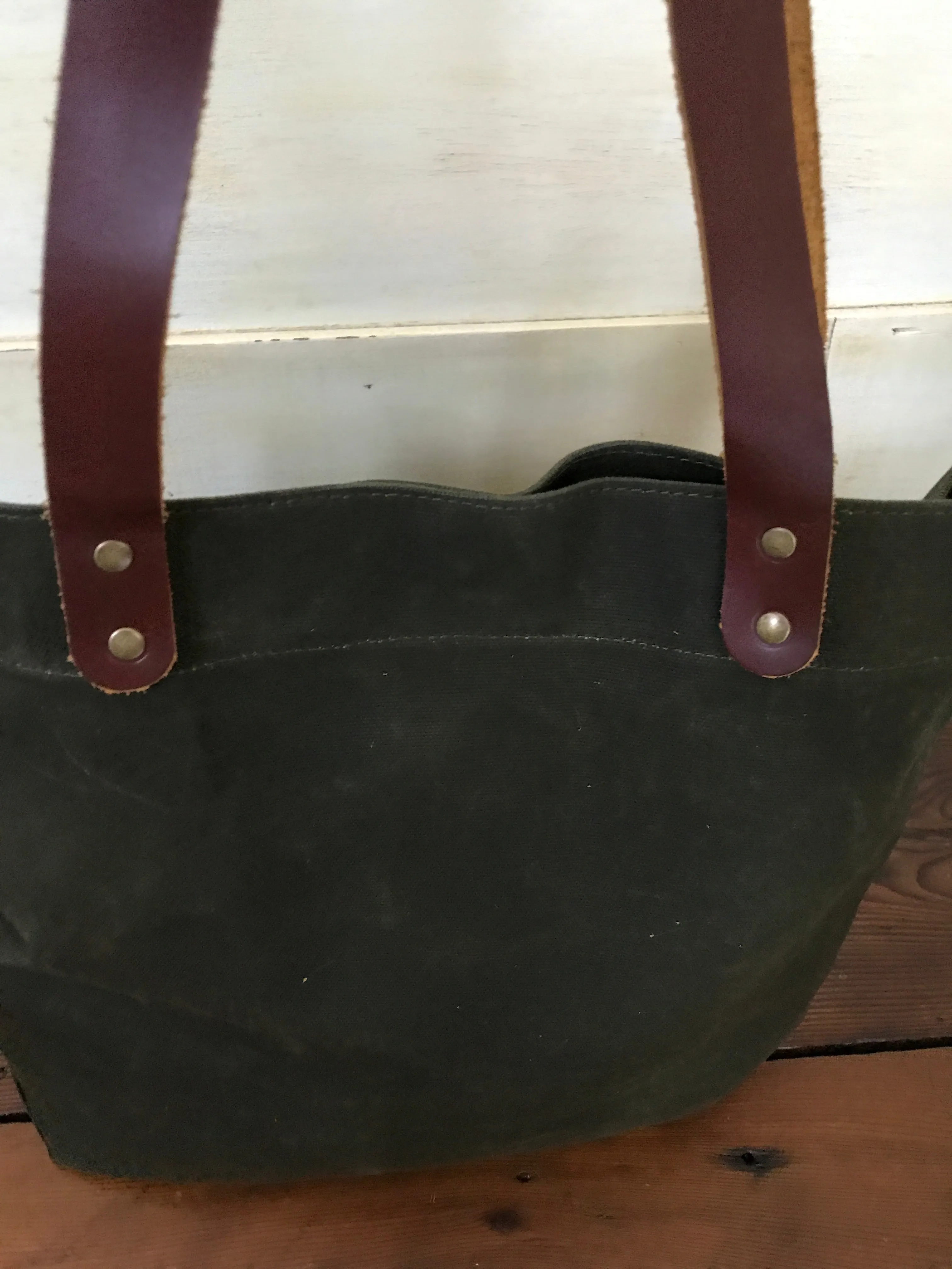 Waxed Canvas Tote Bag with Leather Handles- Navy Green Luma Vintage Collection