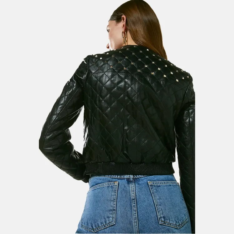 Women’s Black Leather Studded Bomber Jacket